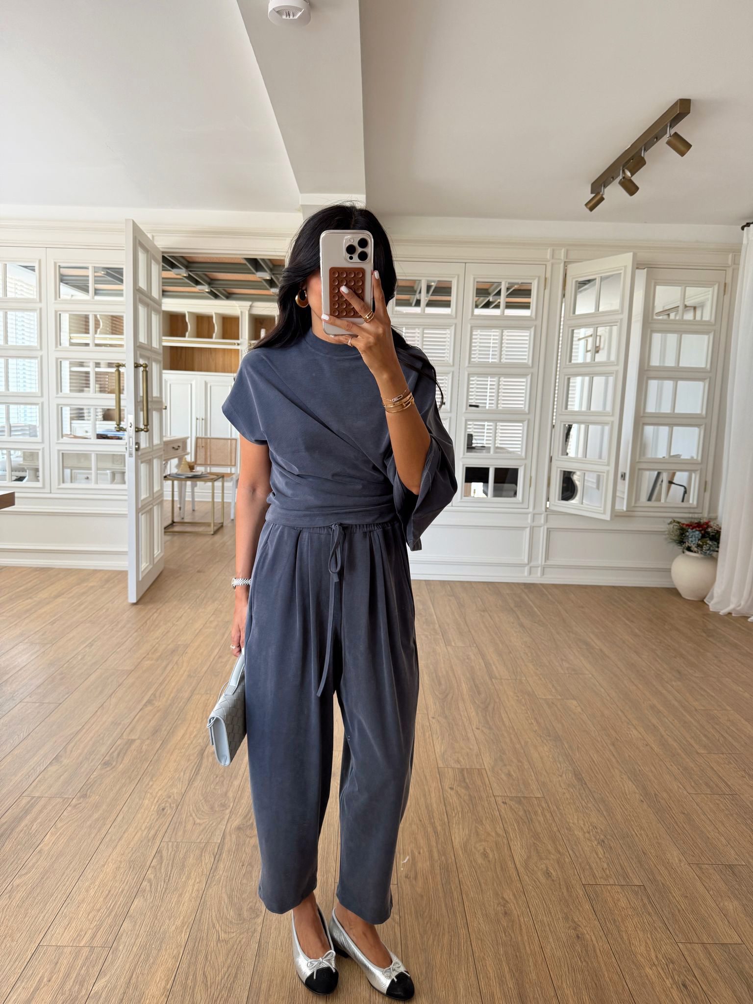 Byers Asimetrik Kesim Drape Detaylı Modal Bluz Şalvar Pantolon Takım