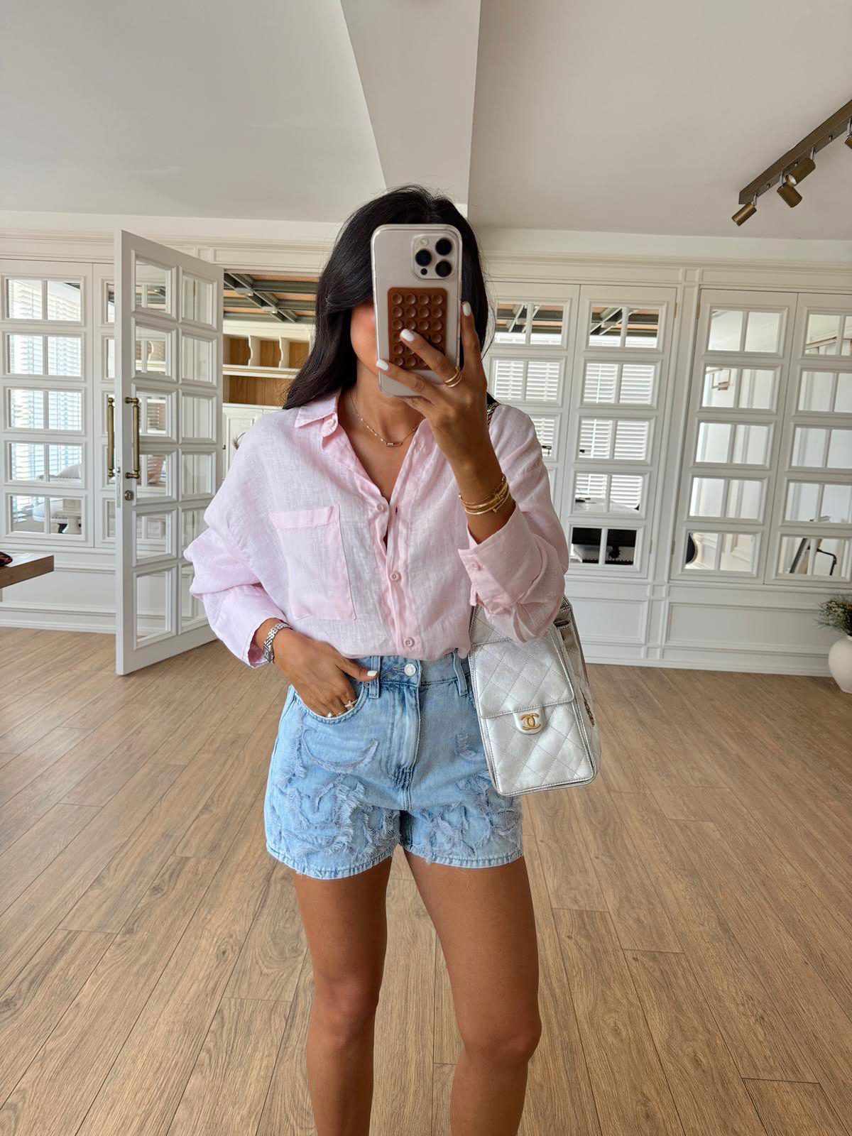 Carly NM Tek Cepli Premium Keten Gömlek - Soft Pembe, Standart