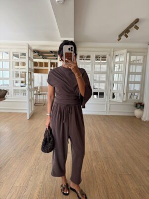 Byers Asimetrik Kesim Drape Detaylı Modal Bluz Şalvar Pantolon Takım