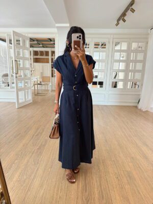Kuşaklı Gold Düğmeli Pensli Cep Detaylı Maxi Boy Linen Elbise