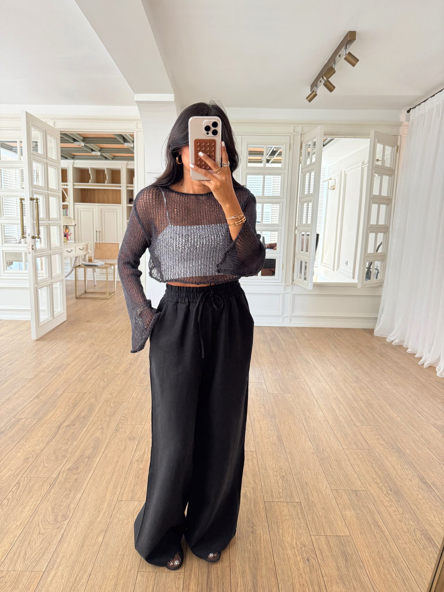 Stars Merserize Ajurlu Crop Triko Bluz - Antrasit, Standart