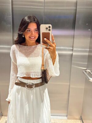 Stars Ekru Merserize Ajurlu Crop Triko Bluz