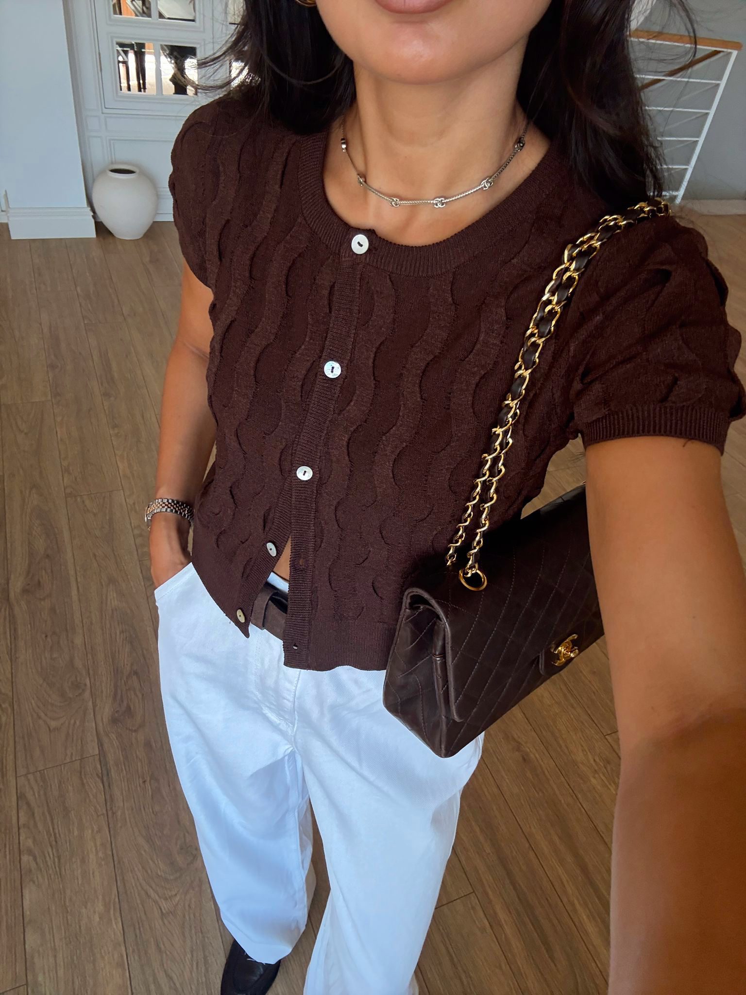 Urina Bisiklet Yaka Dokulu Düğmeli Premium Triko Hırka - Acı Kahve, Standart