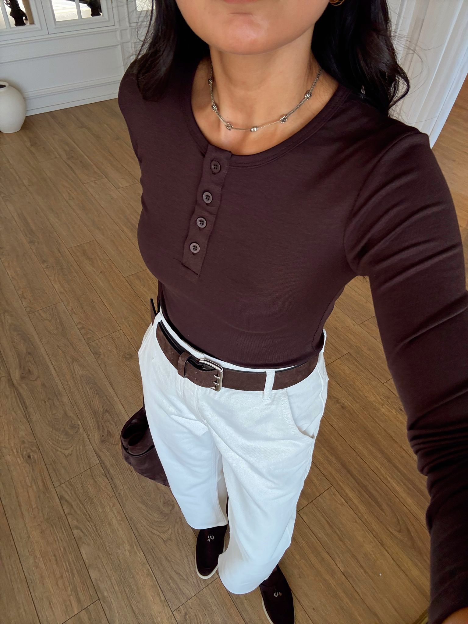 Lady Bisiklet Yaka Düğmeli Bluz - Kahve, 36