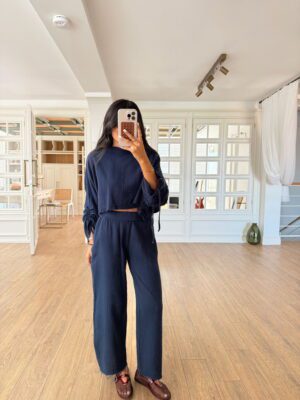 Enjox Lacivert Kol Bağlamalı Püskül Detaylı Crop-Pantolon Takım