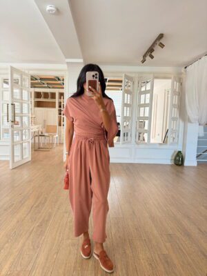 Byers Asimetrik Kesim Drape Detaylı Modal Bluz Şalvar Pantolon Takım