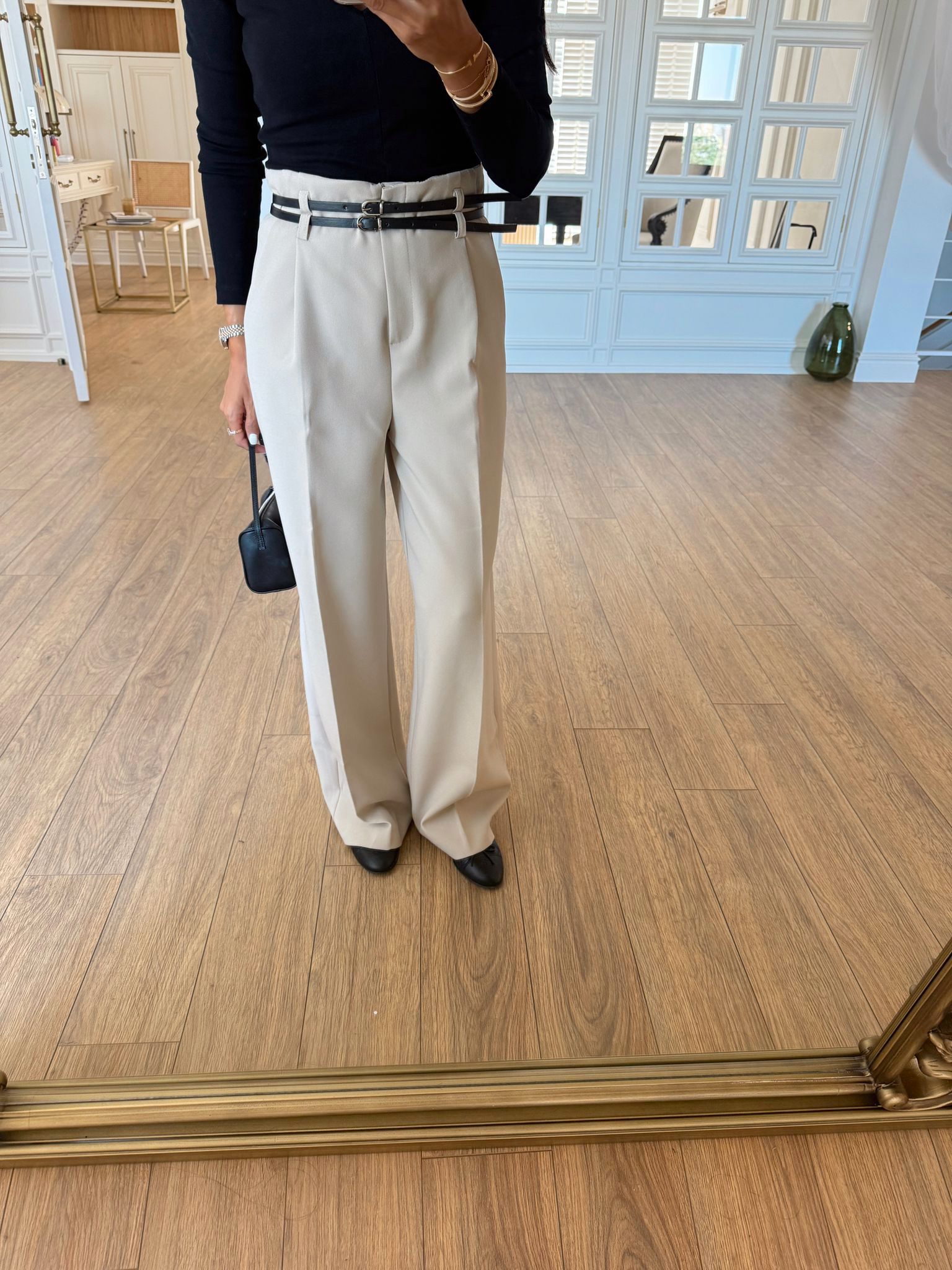 Leylina Yüksek Bel Çift Kemerli Bol Paça Pantolon