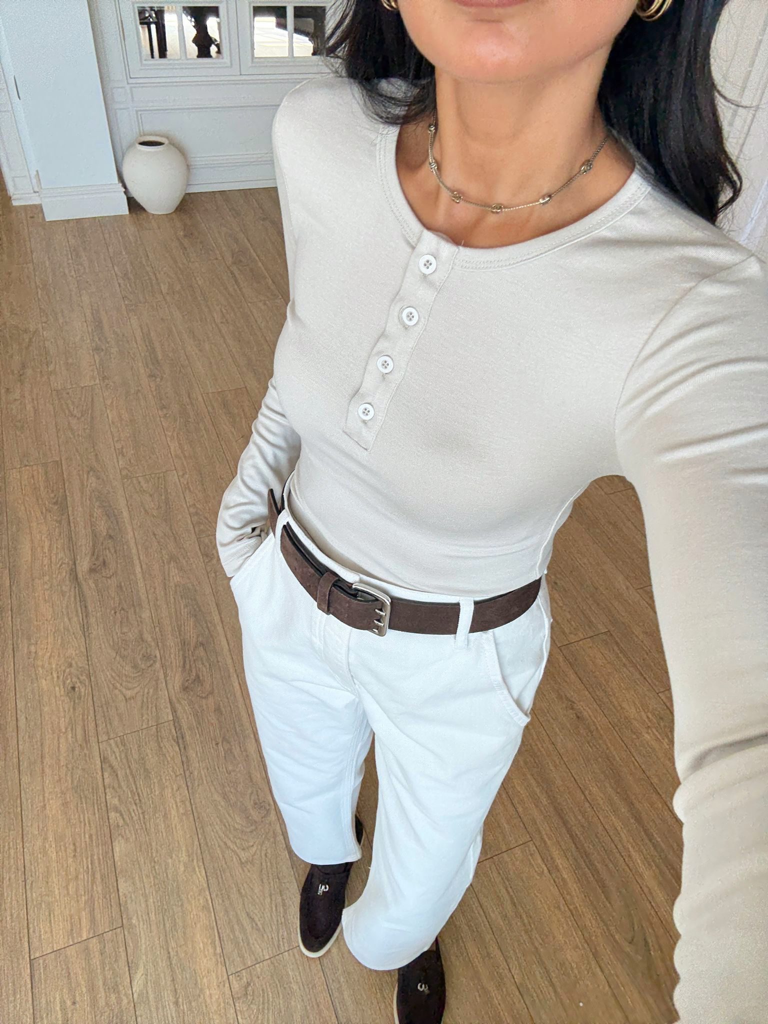 Lady Bisiklet Yaka Düğmeli Bluz - Taş, 36
