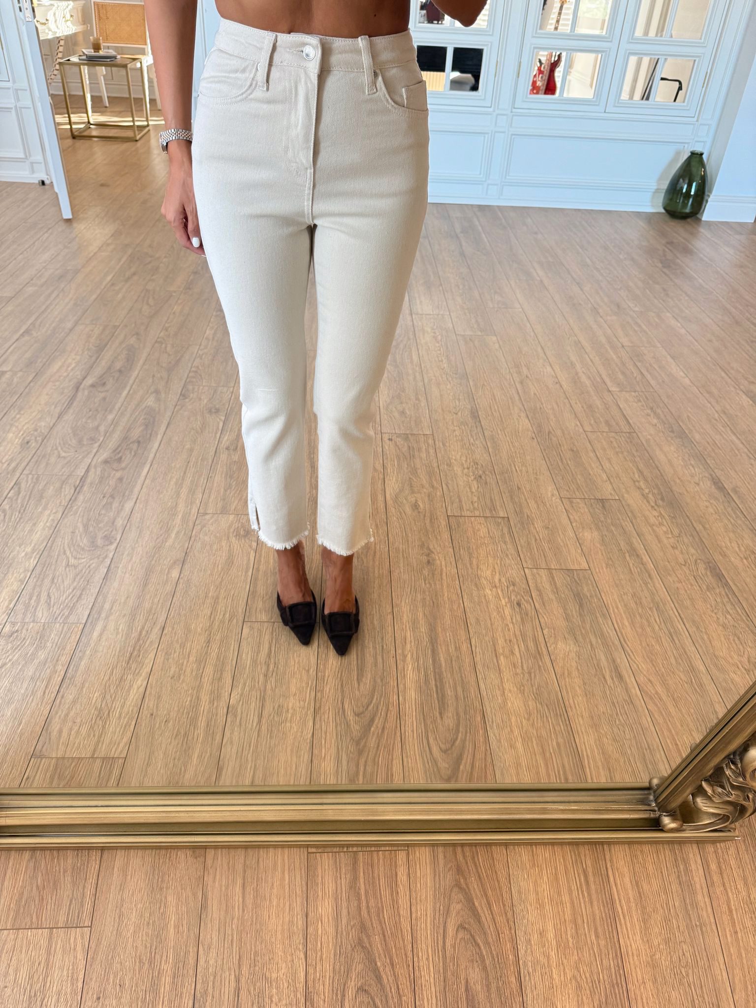Porianna Paça Püsküllü Yırtmaç Detaylı Flare Jean - Natural, 34