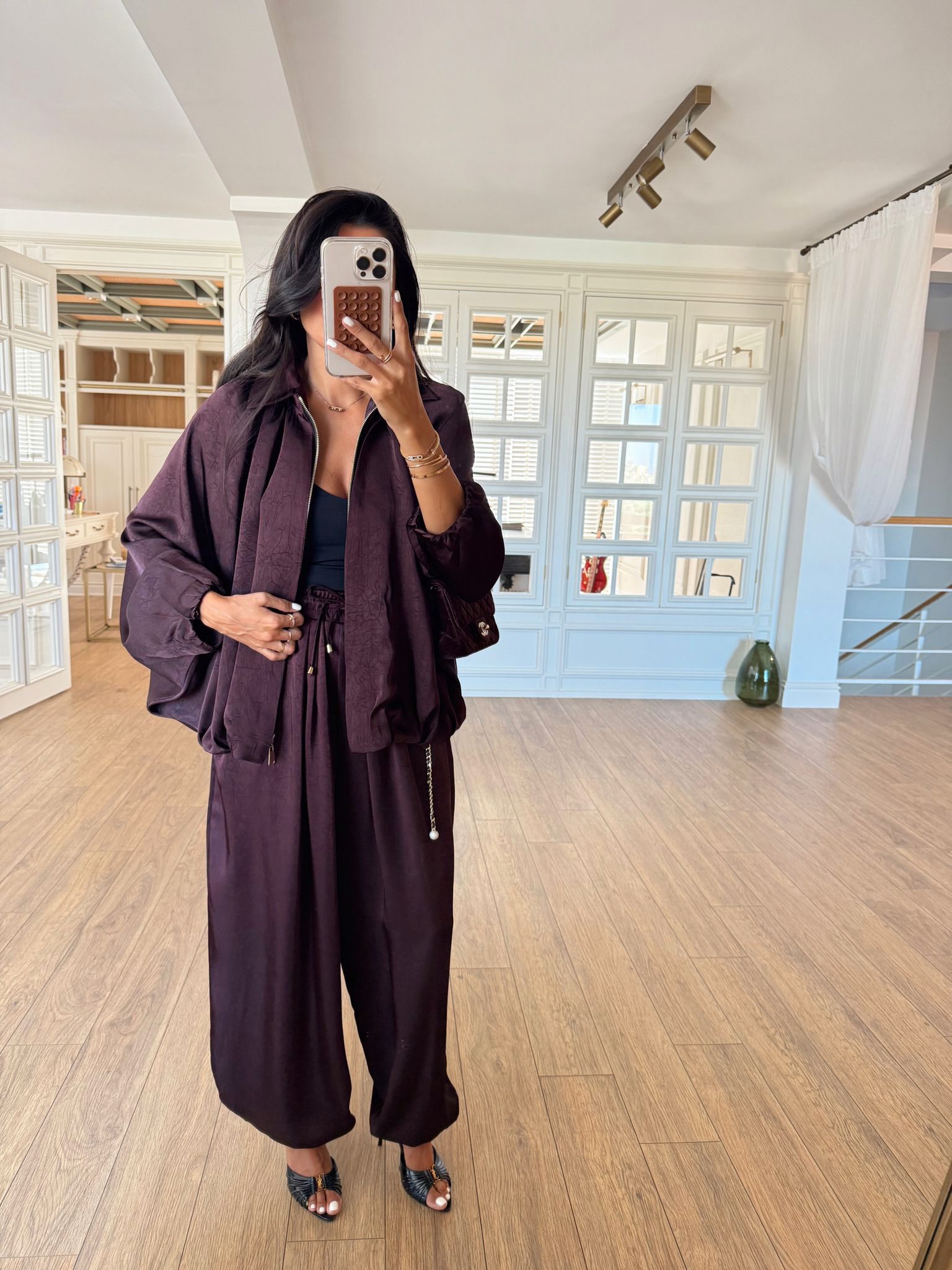 Angelina Yarasa Kol Saten Bomber Ceket - Bordo, Standart