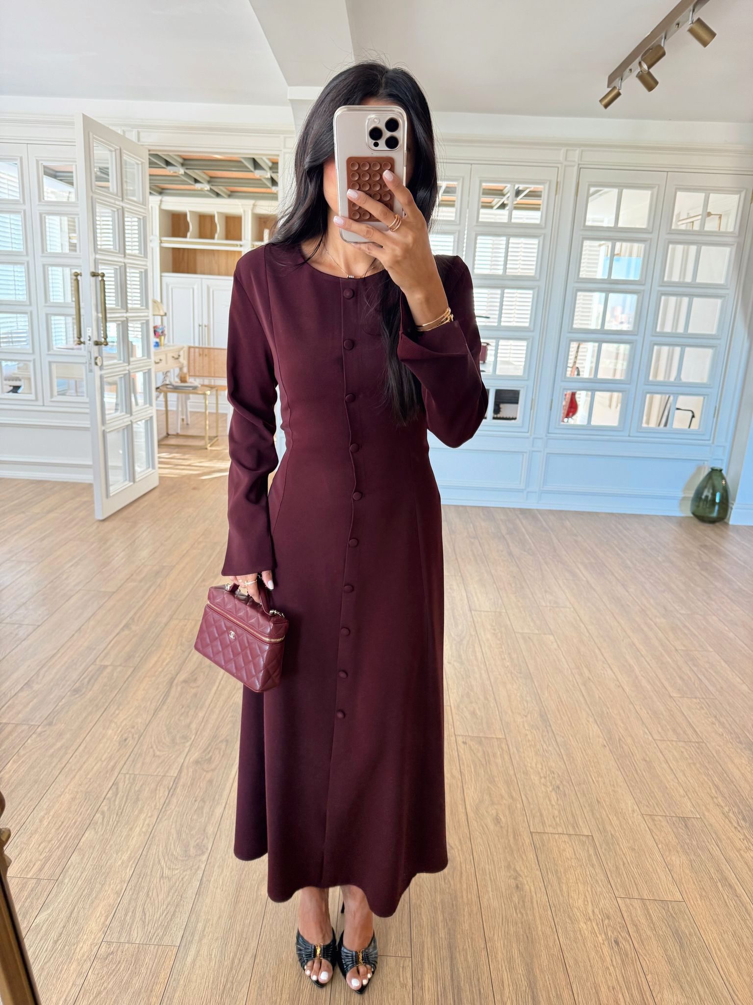 Kaplama Düğmeli Uzun Kol Elbise