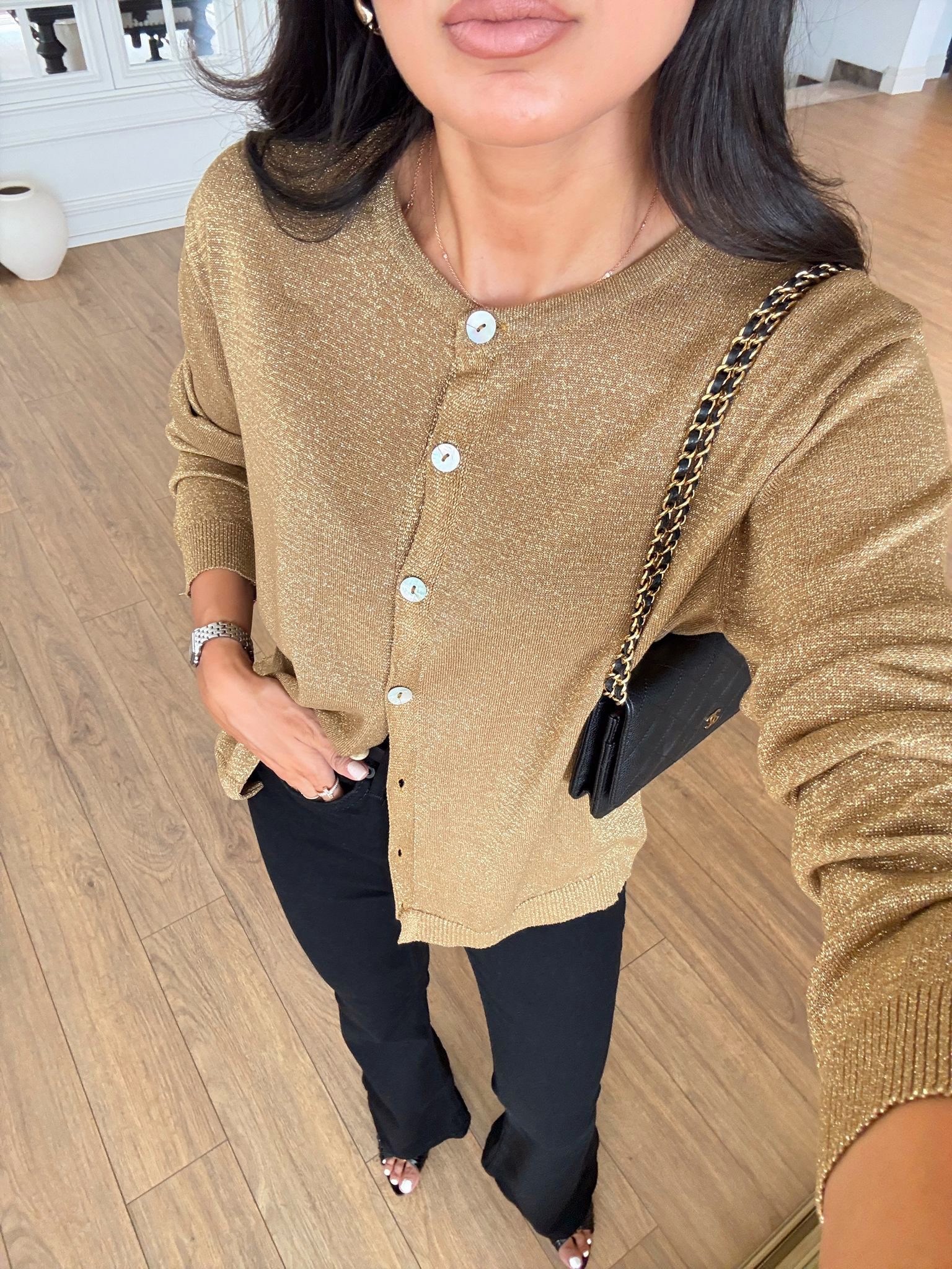 Rena Simli Sedef Düğmeli Triko Hırka - Gold, Standart