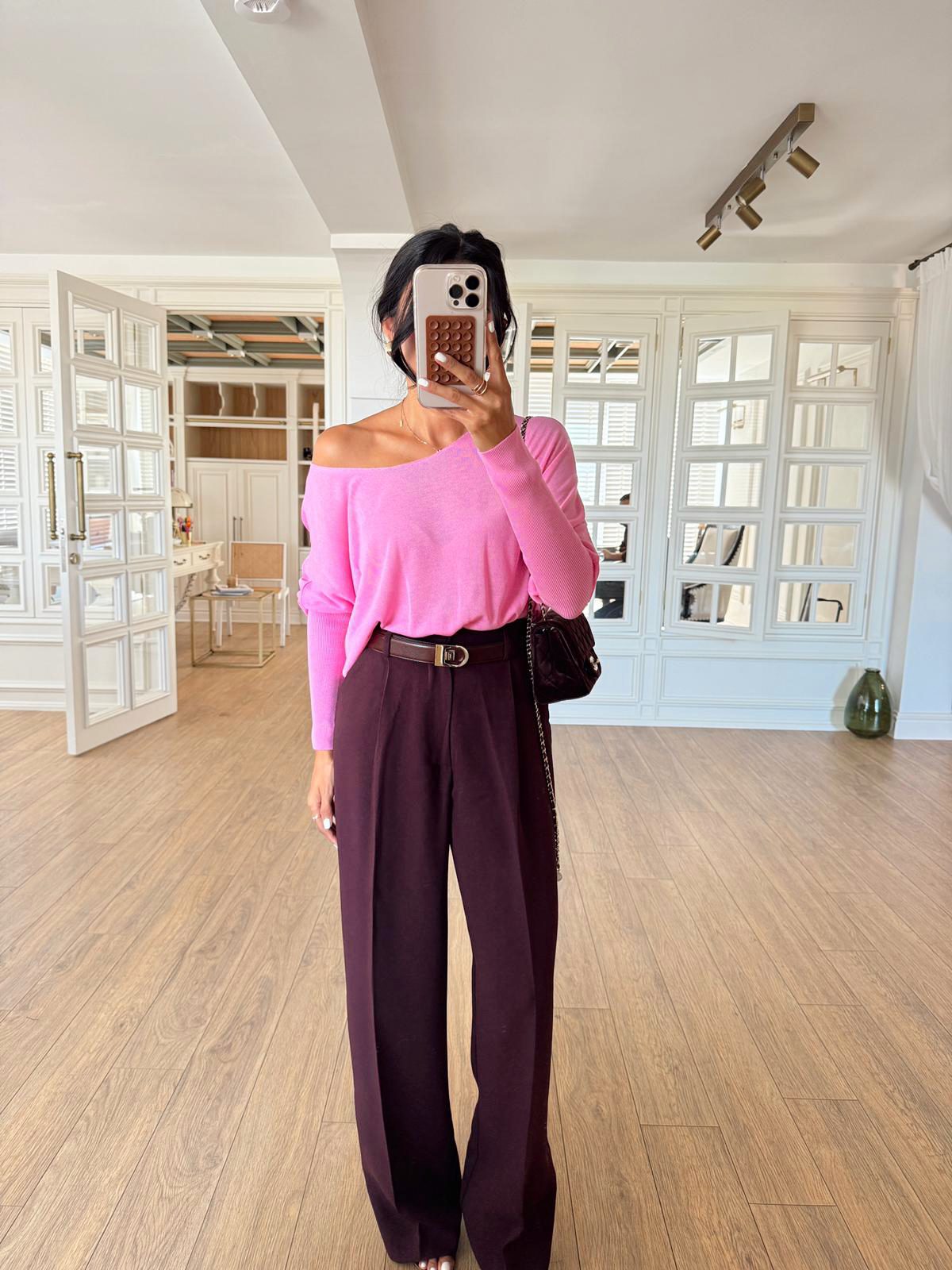 Ladin Kol Detaylı İnce Triko Bluz - Pembe, Standart