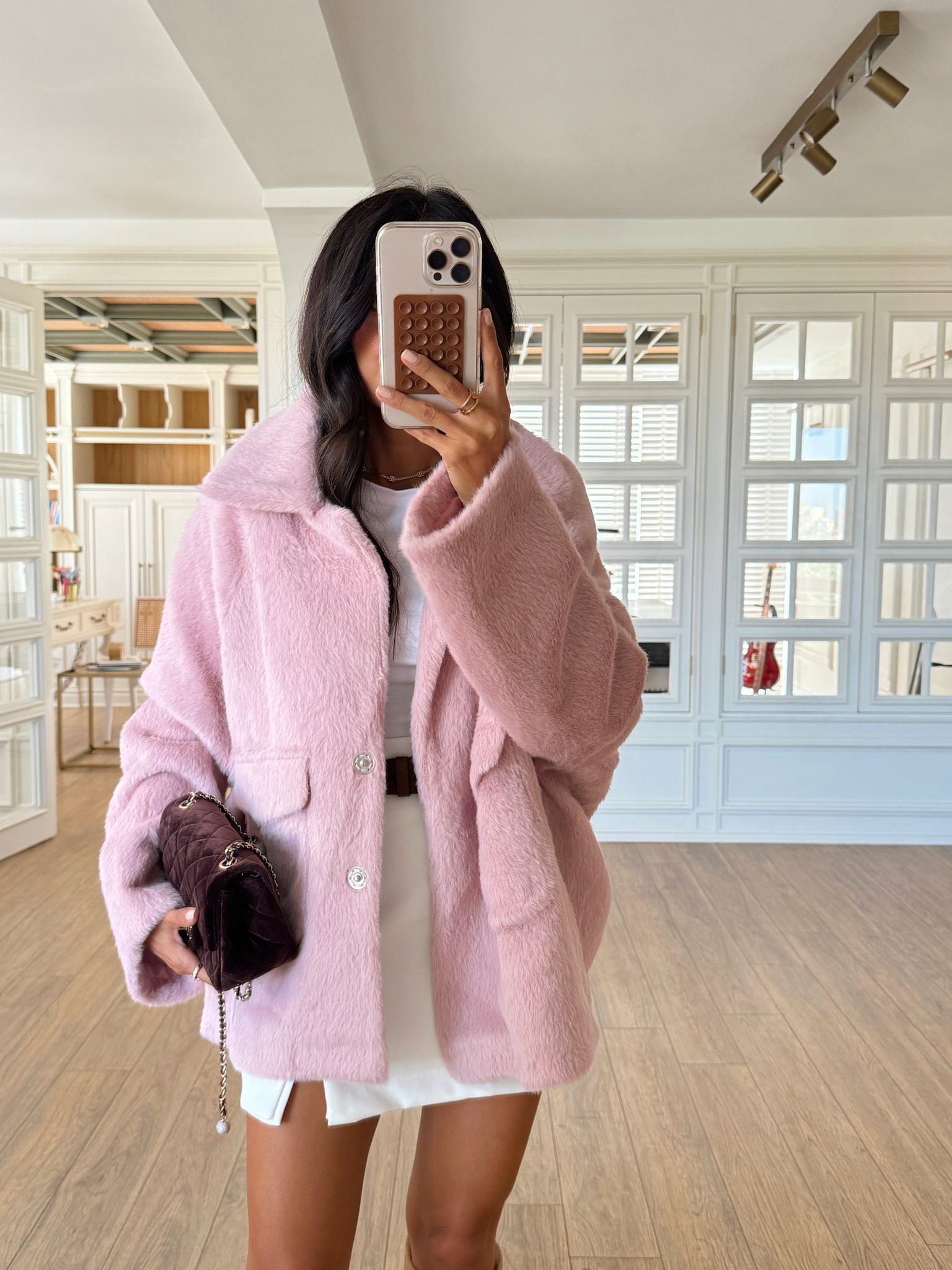 Whayalla Peluş Çift Cepli Çıtçıtlı Ceket - Pudra, Standart