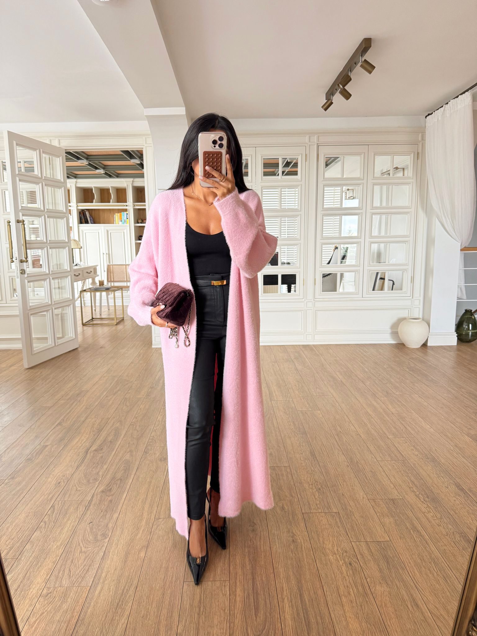 Uzun Kollu Tüylü Maxi Boy Hırka - Pembe, Standart