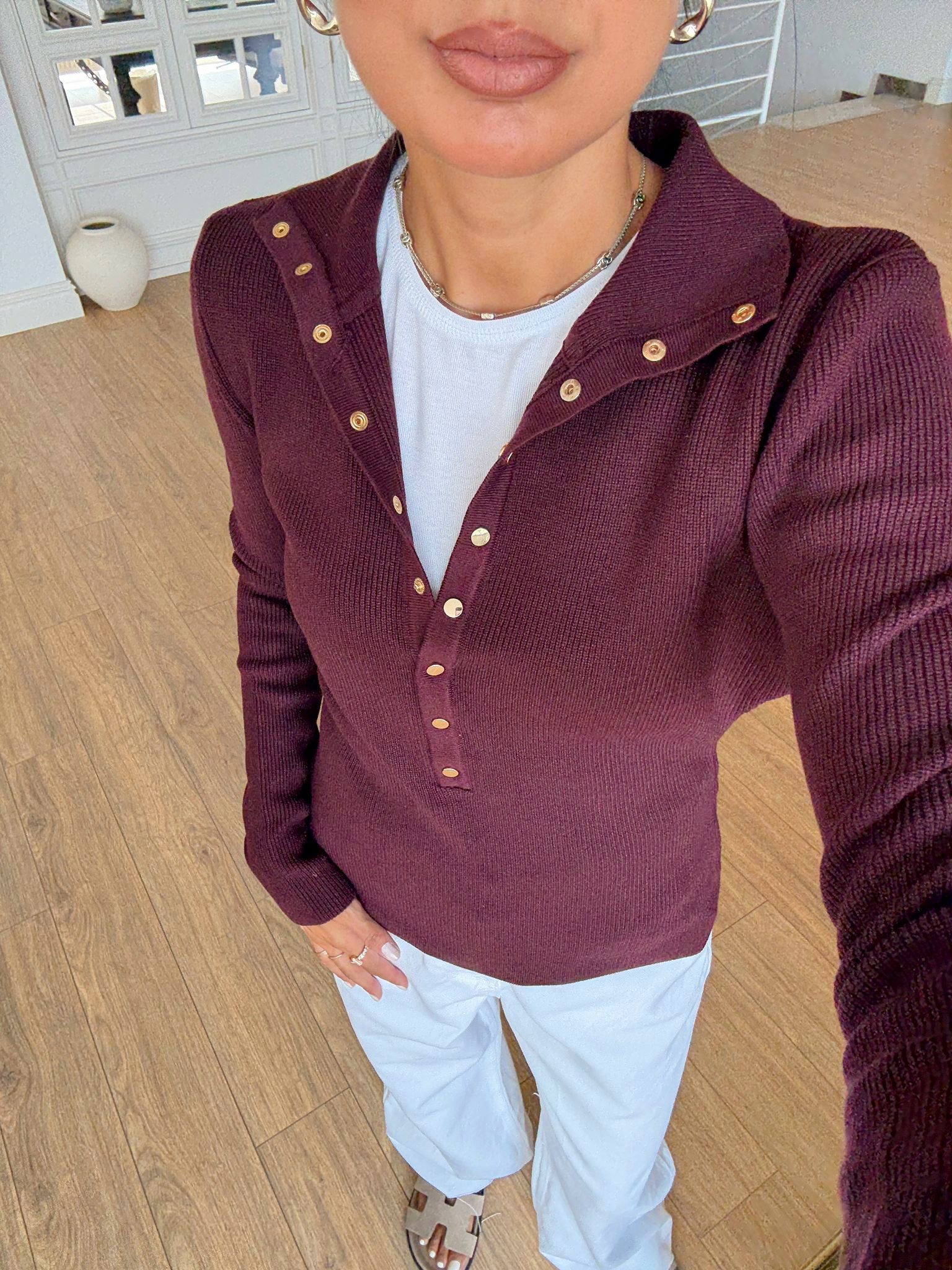 Sensigo Dik Yaka Çıt Çıtlı Triko - Bordo, Standart