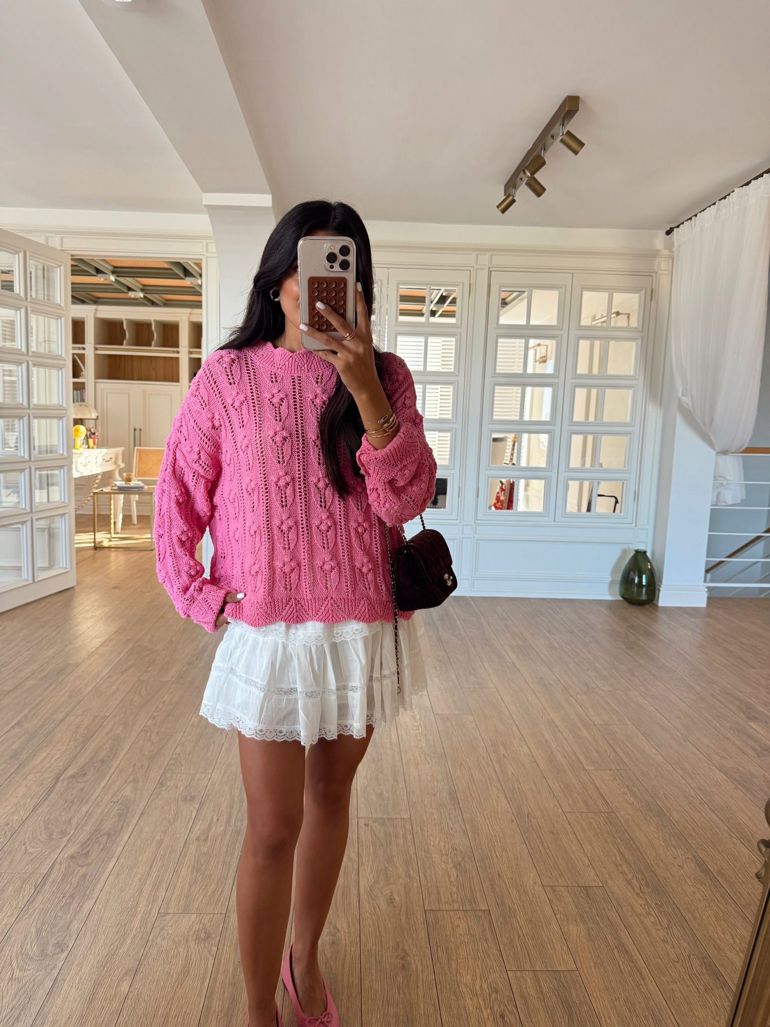 Lisse Ponpon Desenli Triko - Pembe, Standart