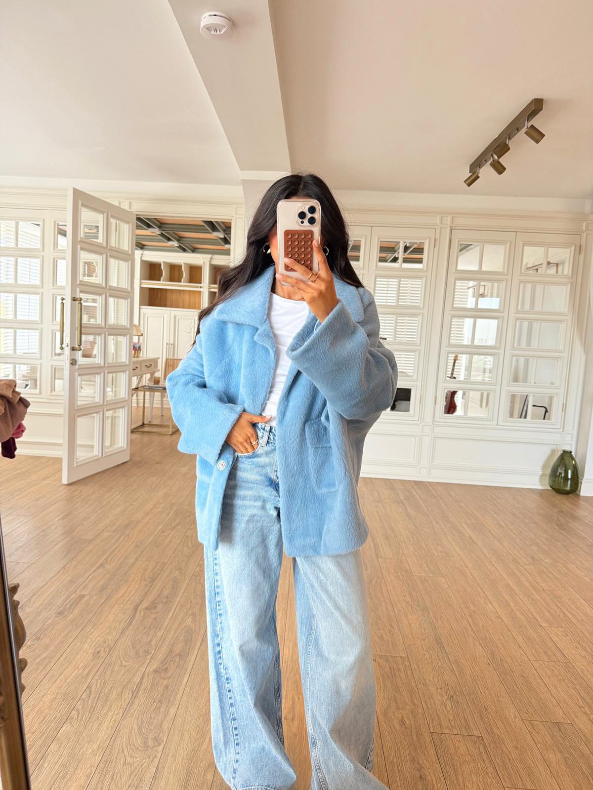 Whayalla Peluş Çift Cepli Çıtçıtlı Ceket - Mavi, Standart