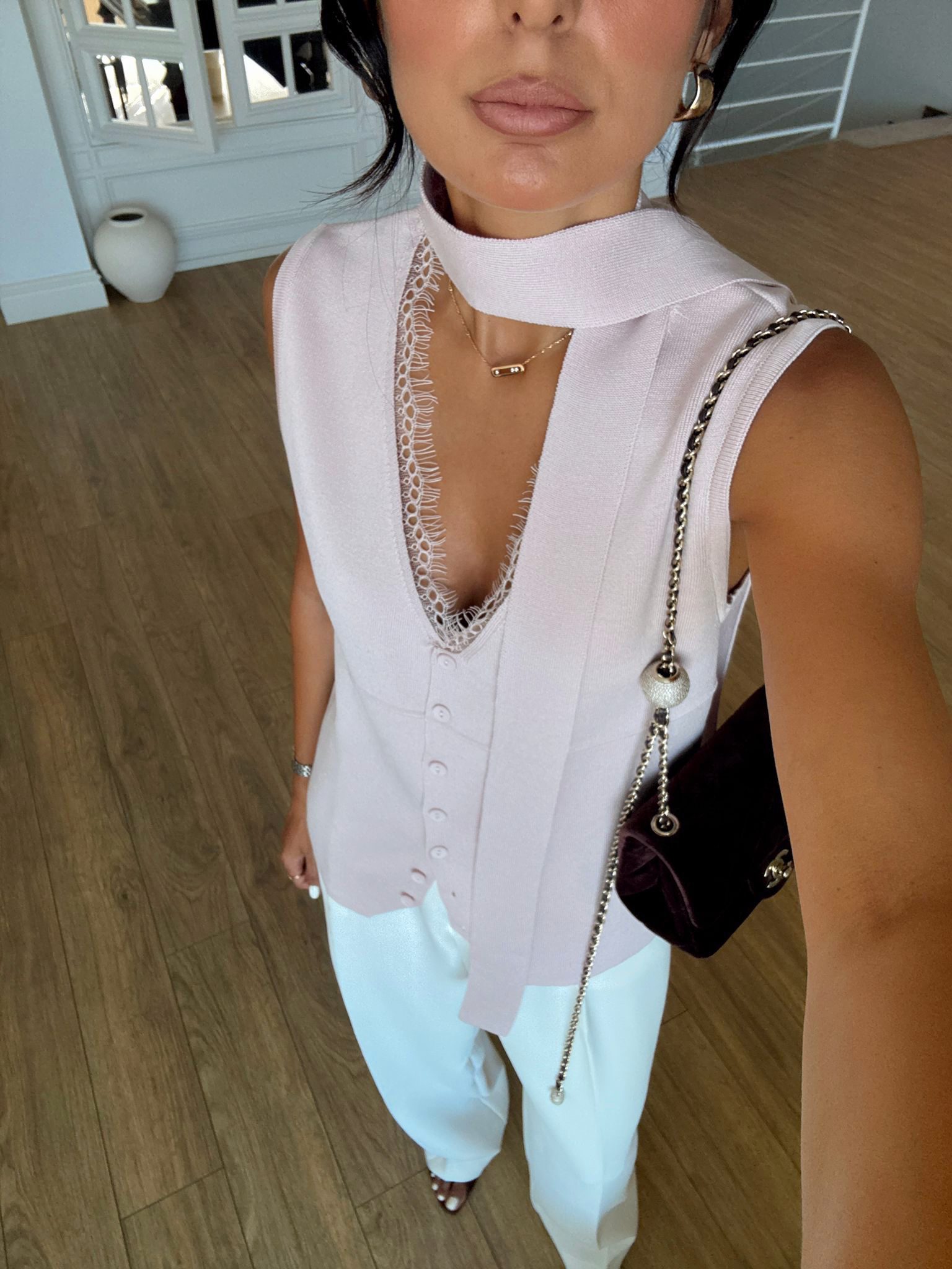 Negin Dantel Detaylı Düğmeli Bluz - Pudra, Standart
