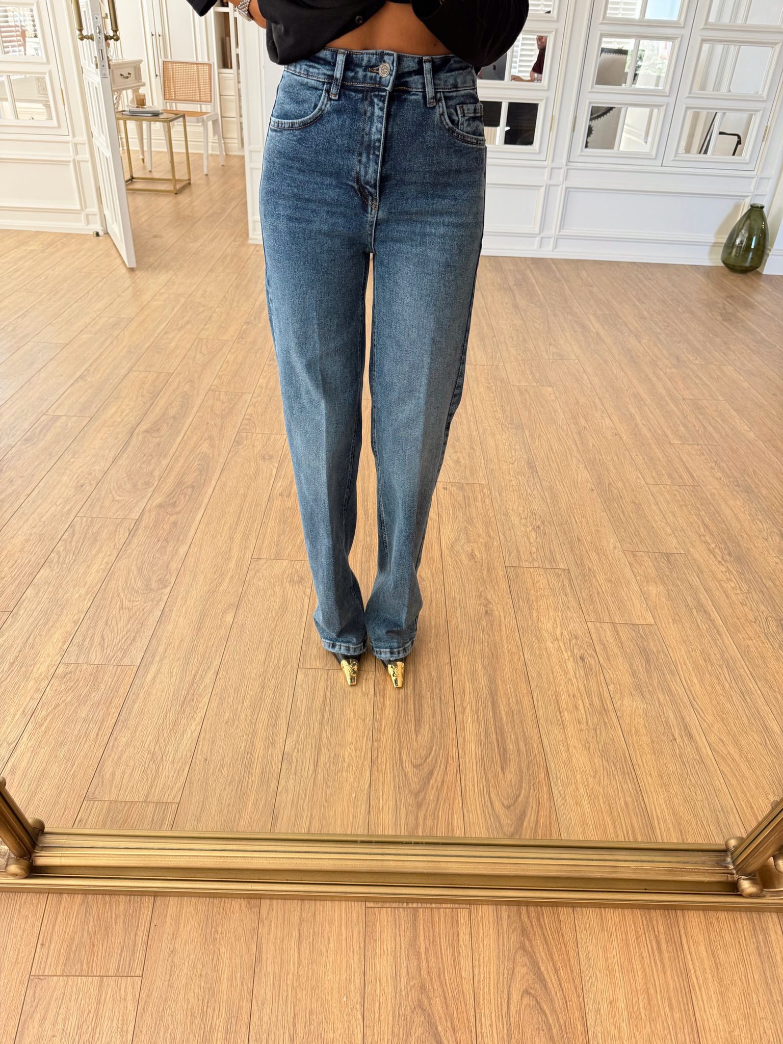 Tastic Düğmeli Boru Paça Jean - Koyu Mavi, 34
