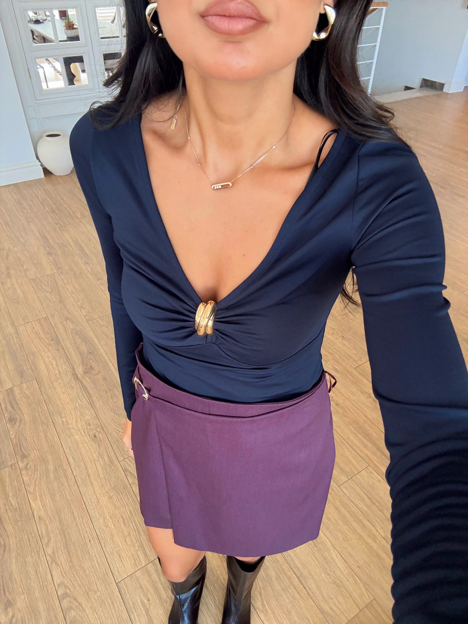 Zigana Önü Büzgülü Toka Detaylı Bodysuit - Lacivert, 36