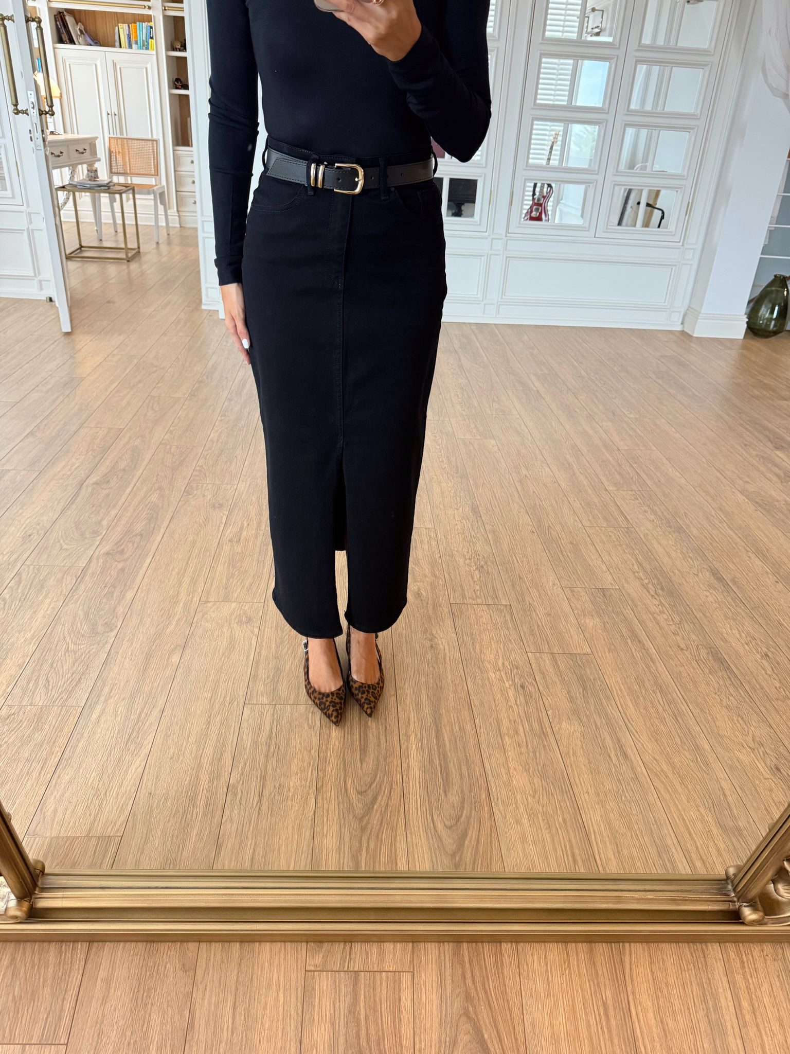 Yelena Rim Kemerli Ön Yırtmaçlı Jean Etek - Siyah, 34