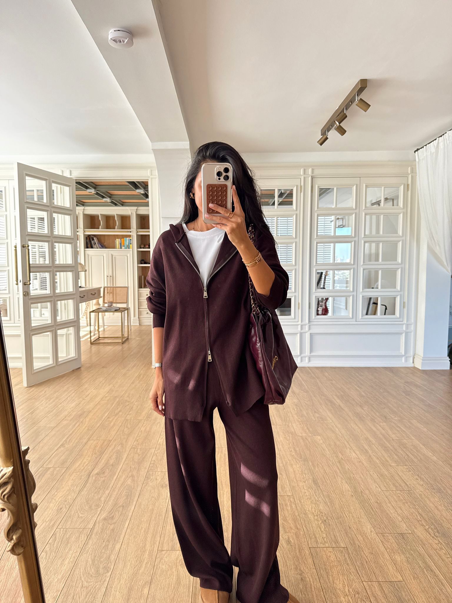 Çift Fermuarlı Detaylı Triko Sweat-Pantolon Takım - Mürdüm, Standart