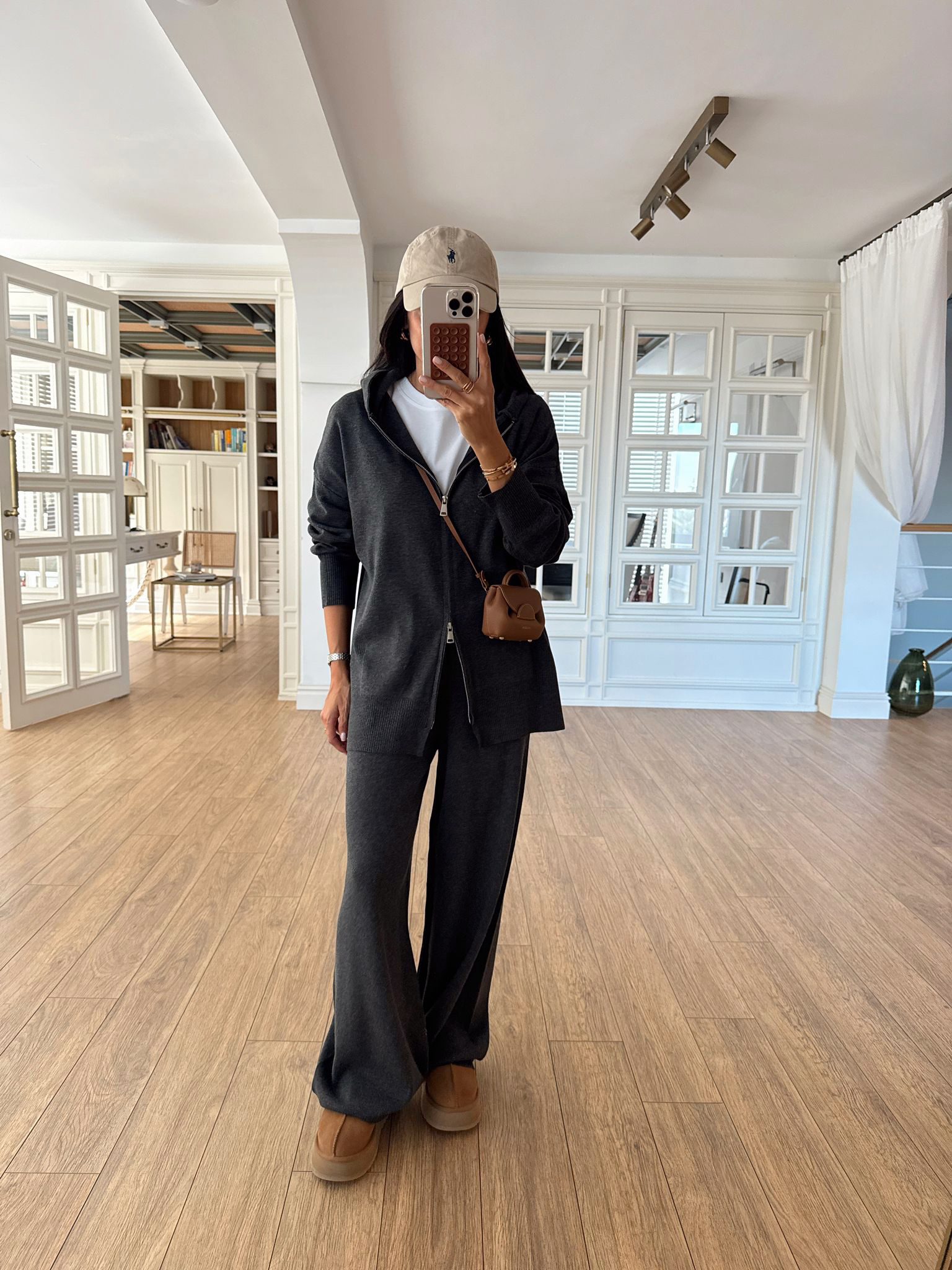 Çift Fermuarlı Detaylı Triko Sweat-Pantolon Takım - Füme, Standart