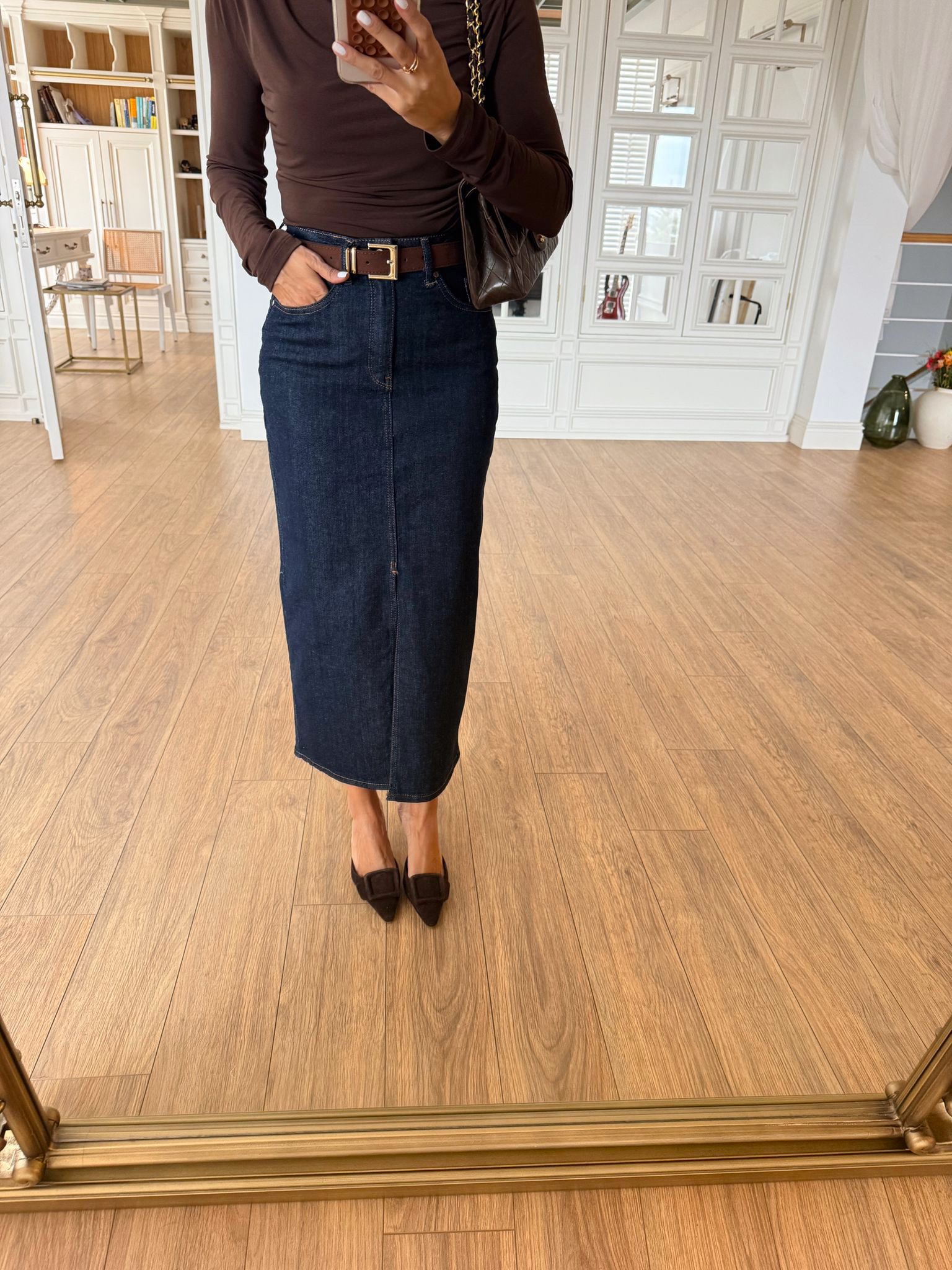 Yelena Rim Kemerli Ön Yırtmaçlı Jean Etek - Lacivert, 34