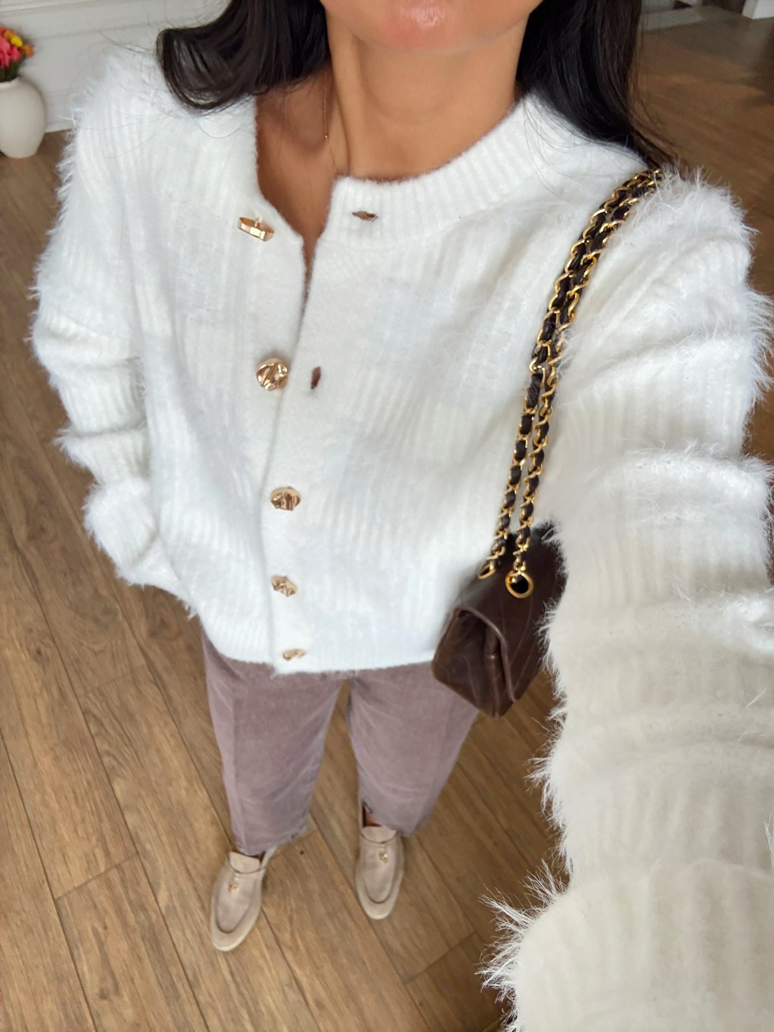 Muriel Yumuşak Dokulu Gold Düğmeli Bisiklet Yaka Triko Hırka - Ekru, Standart