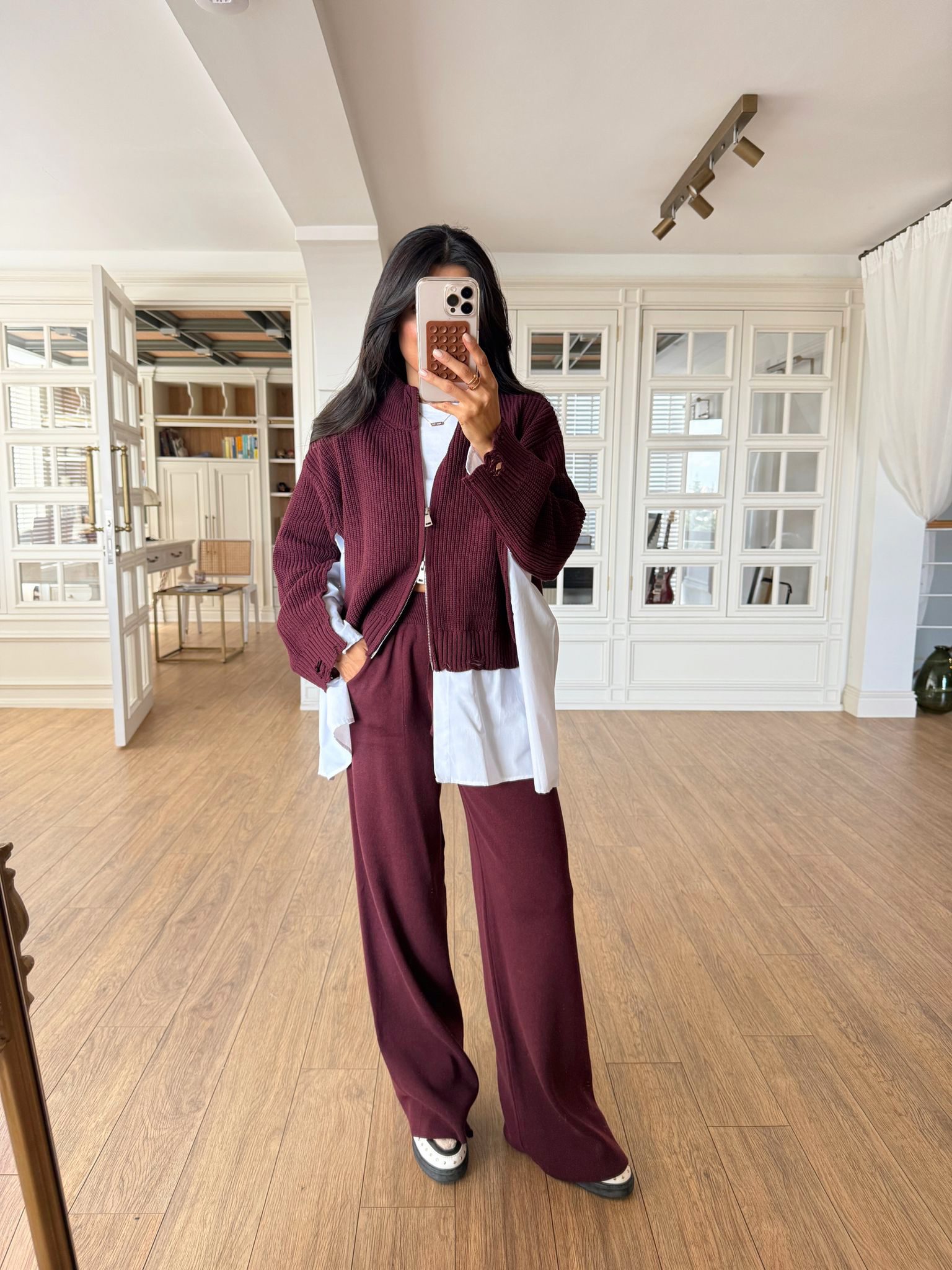 Gömlek Detaylı Fermuarlı Triko Sweat-Pantolon Takım - Bordo, Standart