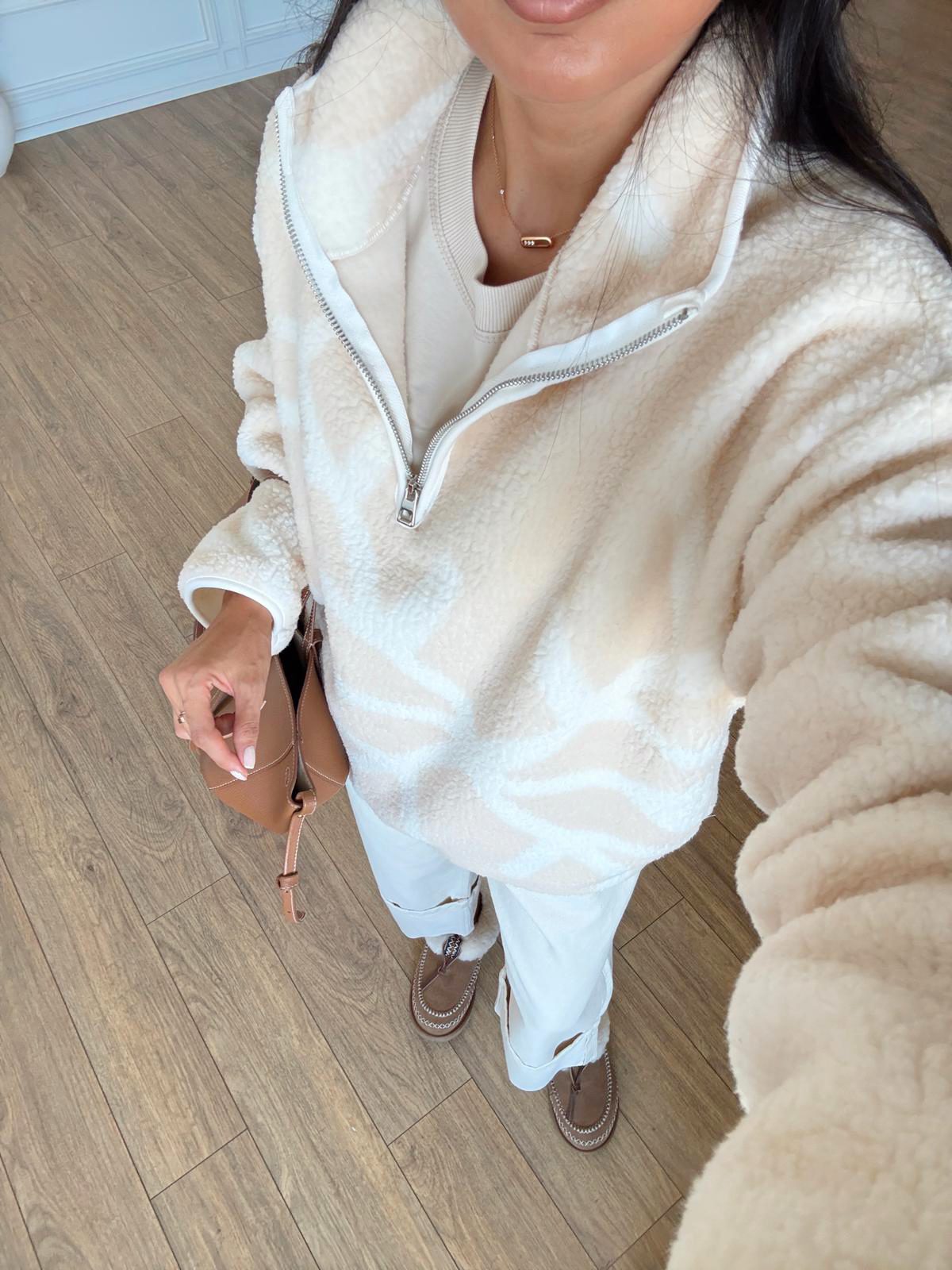 Oxmen Dik Yaka Yarım Fermuarlı Peluş Sweat - Kar Tanesi Desen, Standart
