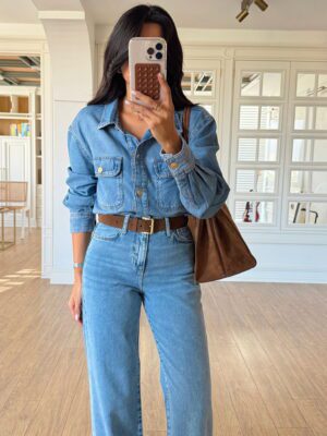 Valentino Gold Düğmeli Çift Cepli Jean Gömlek