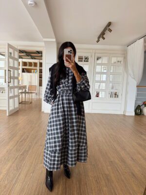 Onions Kuşaklı Ekoseli Gömlek Elbise