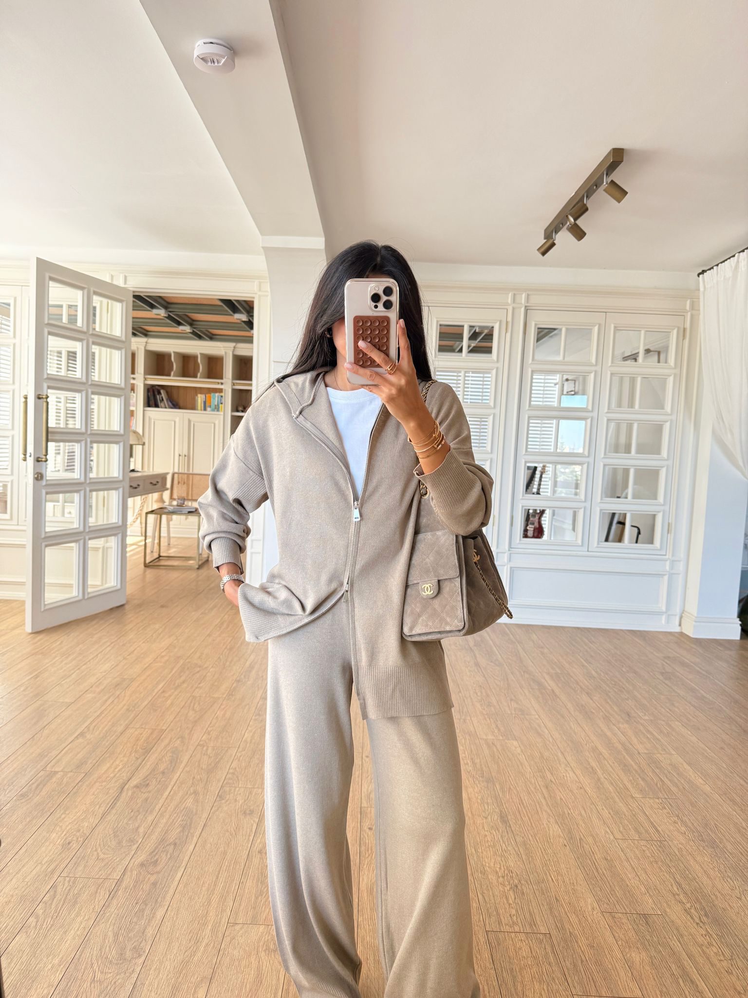Çift Fermuarlı Detaylı Triko Sweat-Pantolon Takım - Vizon, Standart
