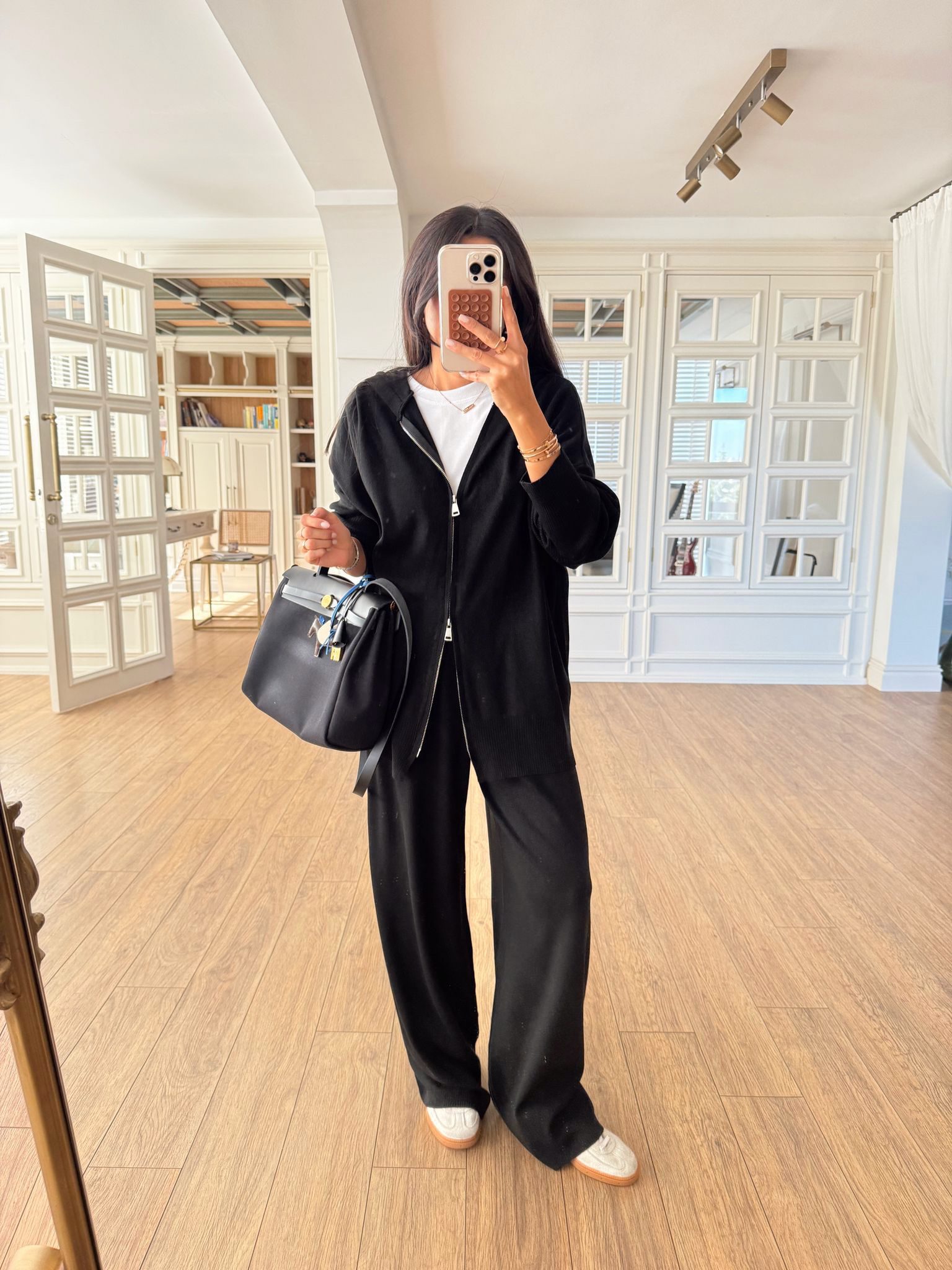 Çift Fermuarlı Detaylı Triko Sweat-Pantolon Takım - Siyah, Standart