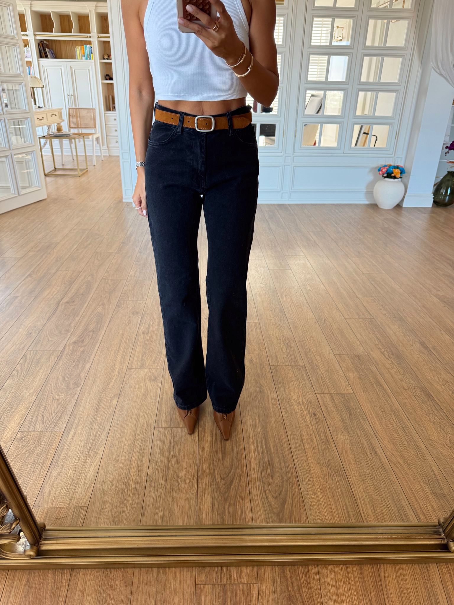 Henna Süet Kemerli Straight Jean - Siyah/Mavi, 34