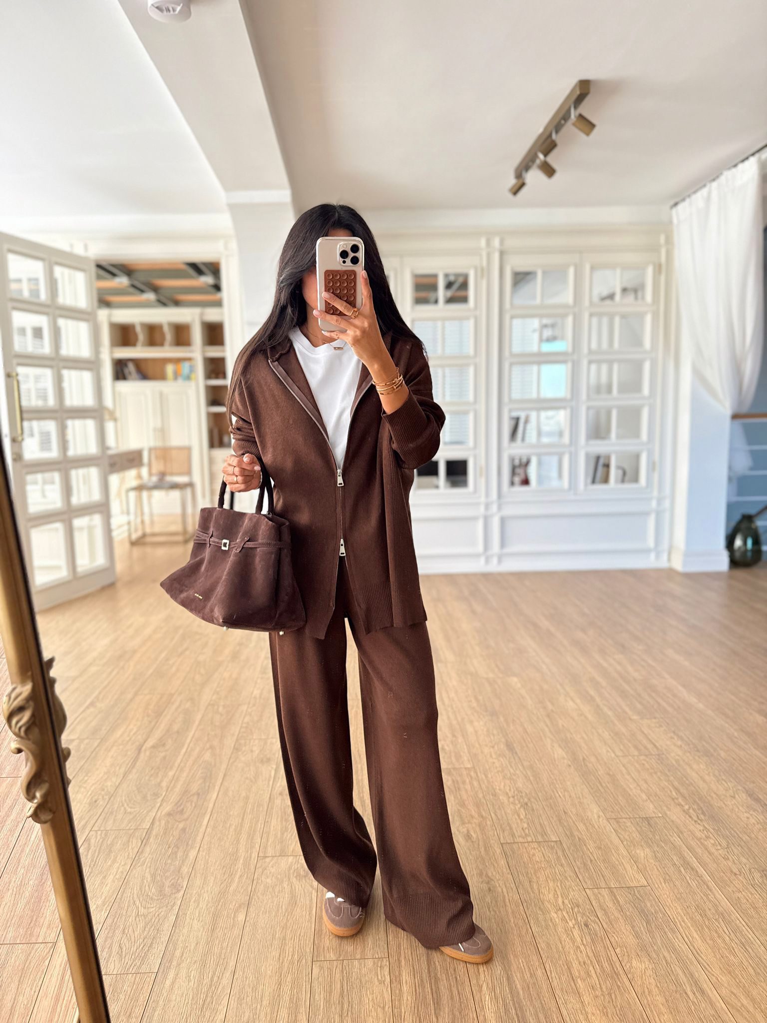 Çift Fermuarlı Detaylı Triko Sweat-Pantolon Takım - Kahve, Standart
