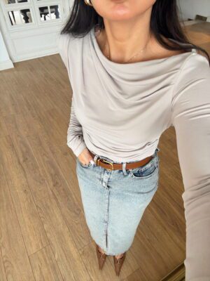 Jips Ansiya Yan Drape Detaylı Asimetrik Kesim Bluz