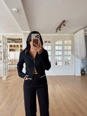 Samira Beyaz Biyeli Polo Yaka Fermuarlı Dokulu Örme Hırka