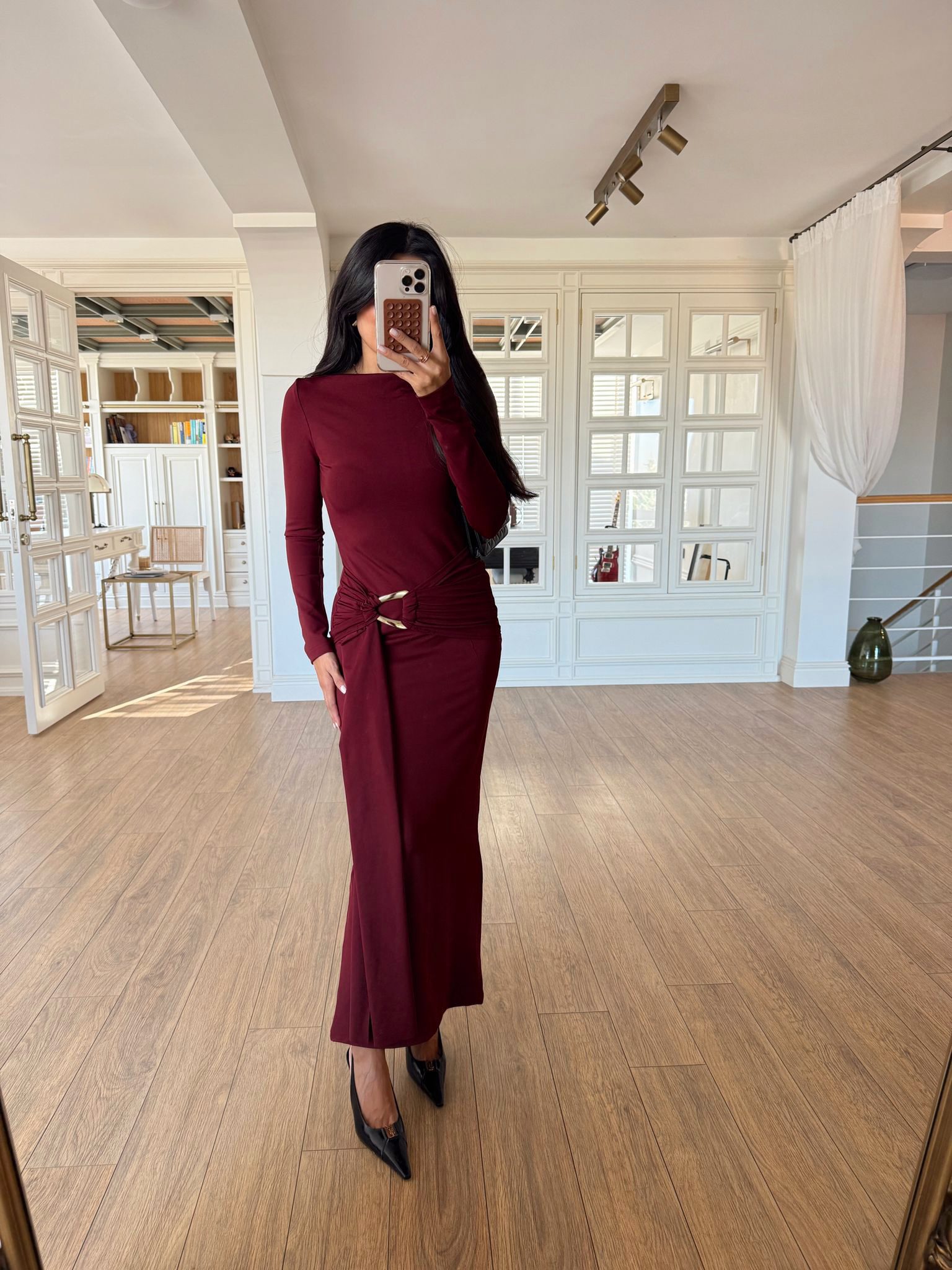 Janga Toka Detaylı Uzun Kollu Maxi Boy Elbise