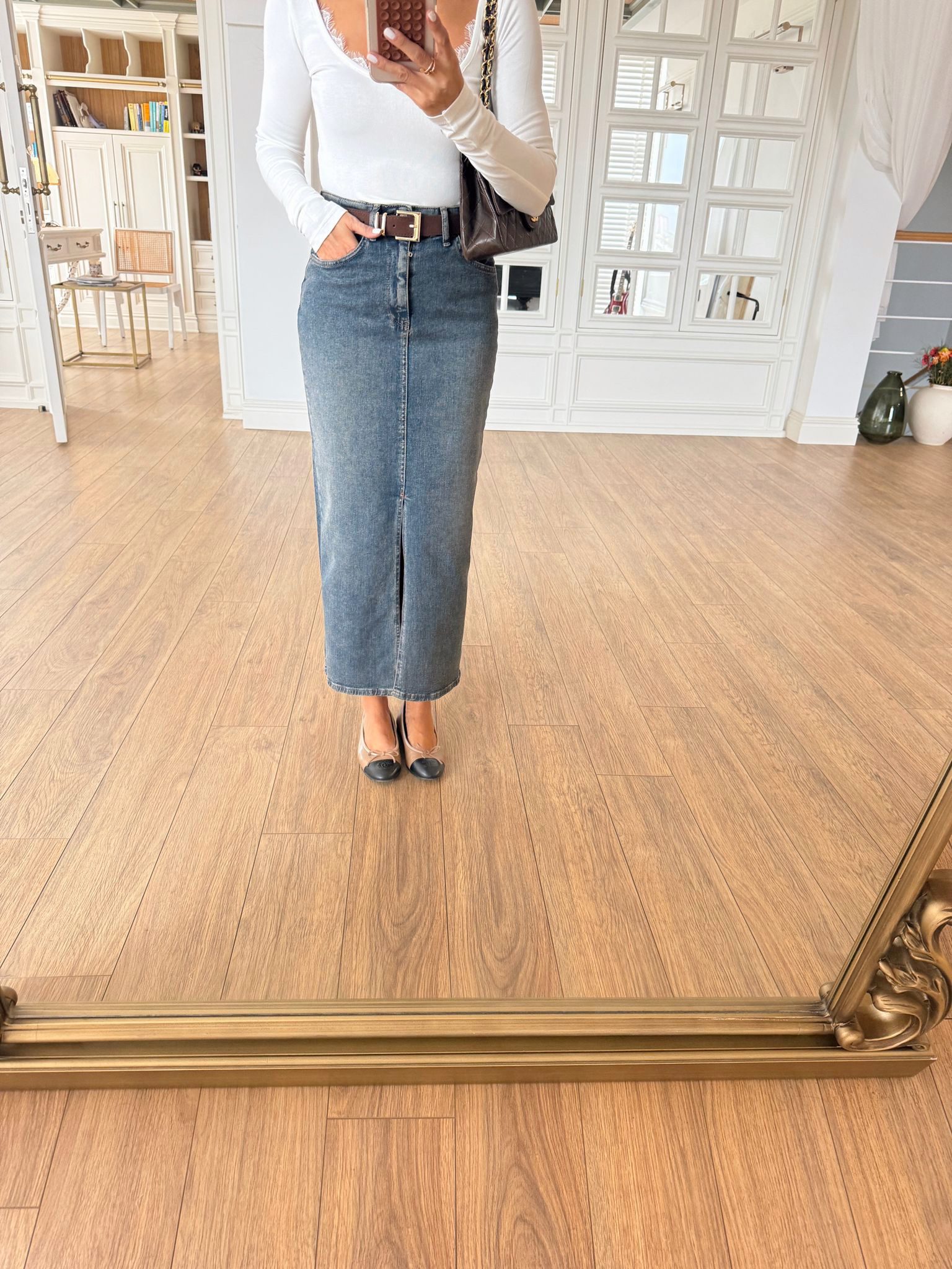 Yelena Rim Kemerli Ön Yırtmaçlı Jean Etek - Koyu Eskitme, 34