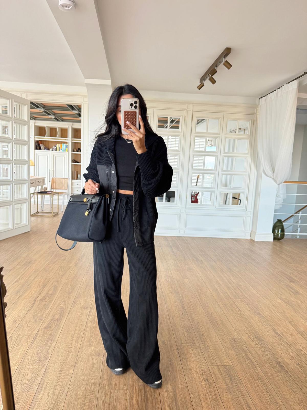 Sonpool Paraşüt Cep Detaylı Örme Triko Takım - Siyah, Standart