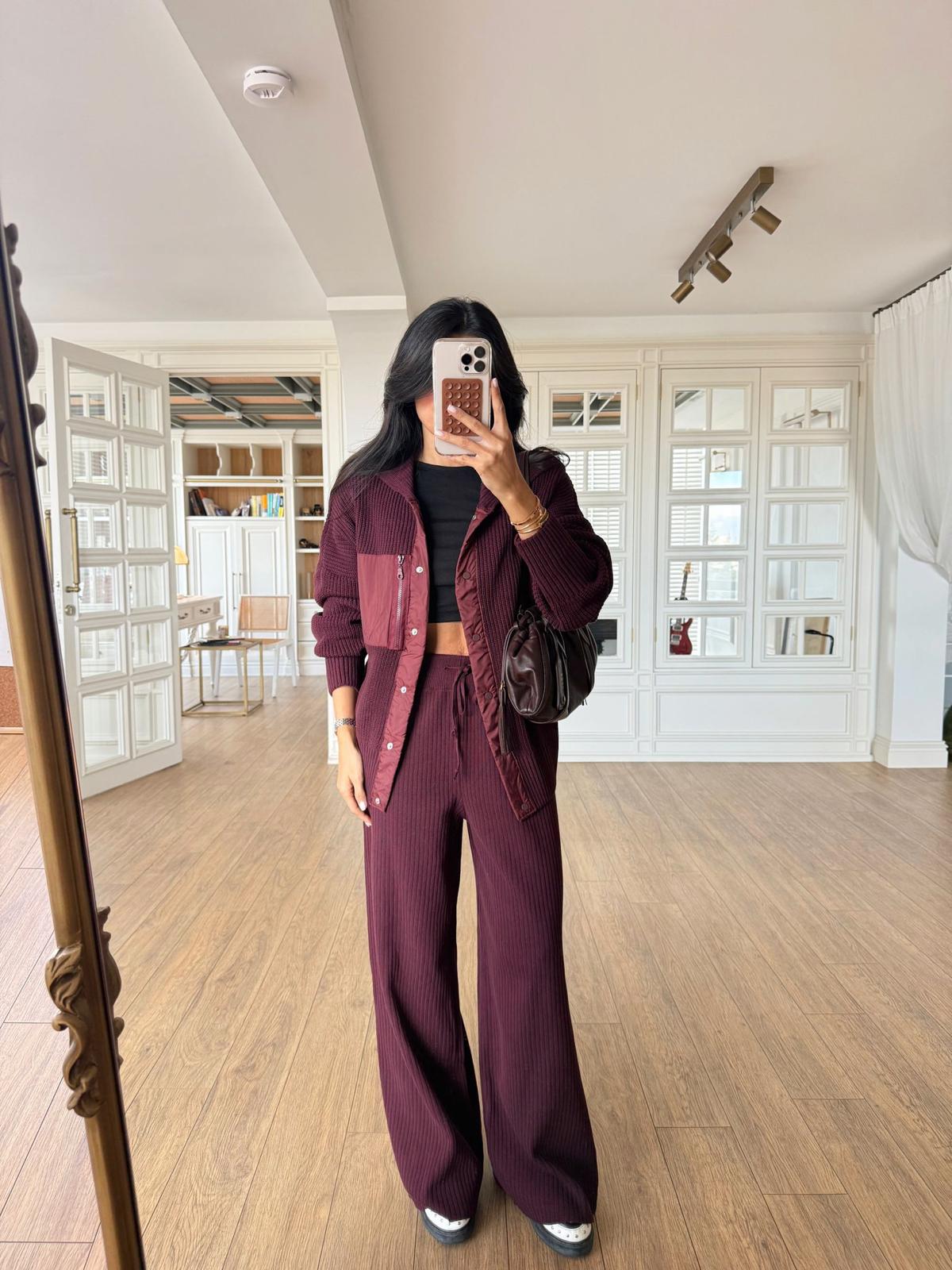 Sonpool Paraşüt Cep Detaylı Örme Triko Takım - Mürdüm, Standart