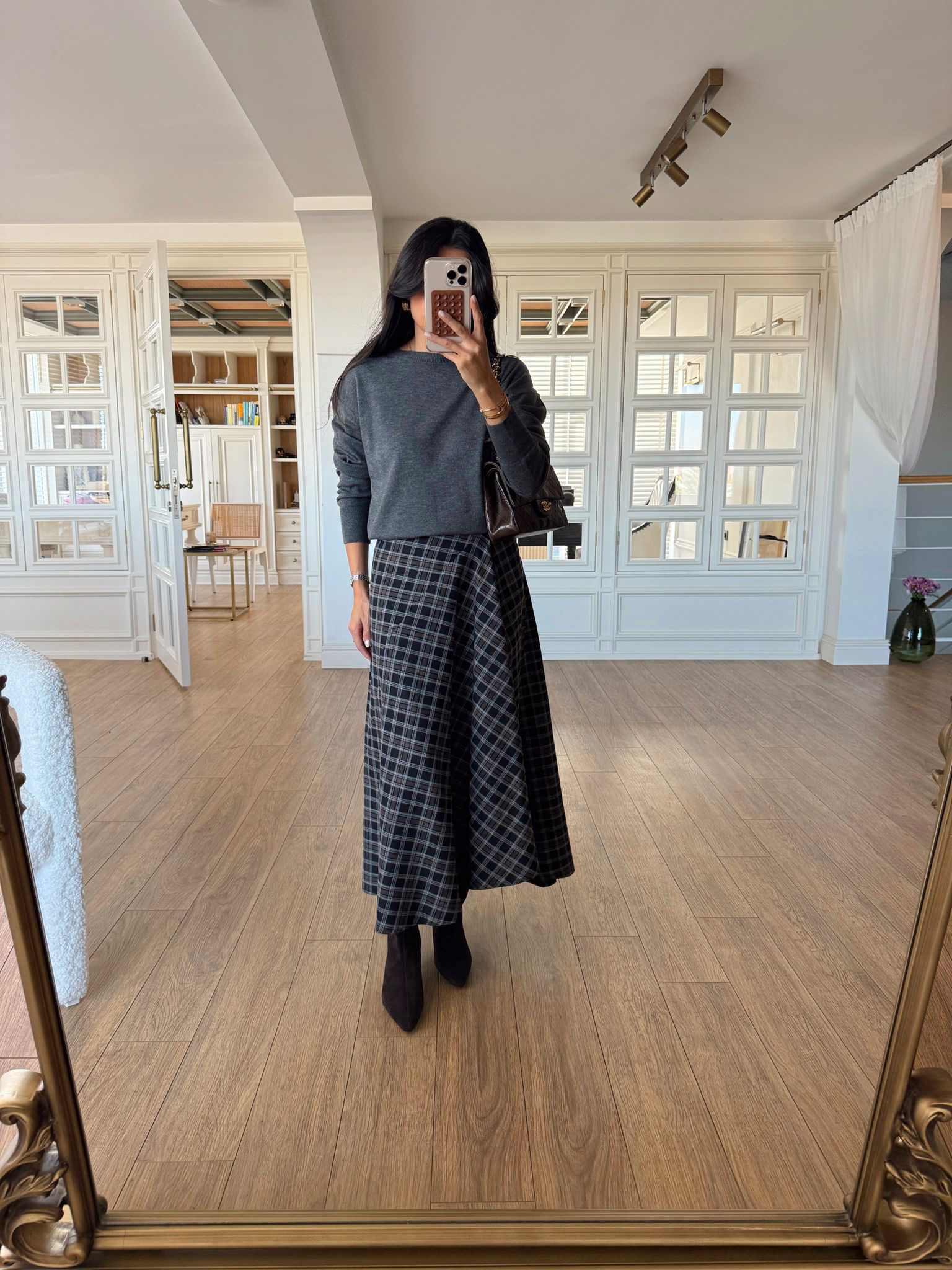 Sasha İnce Pile Detaylı Ekoseli Midi Boy Etek