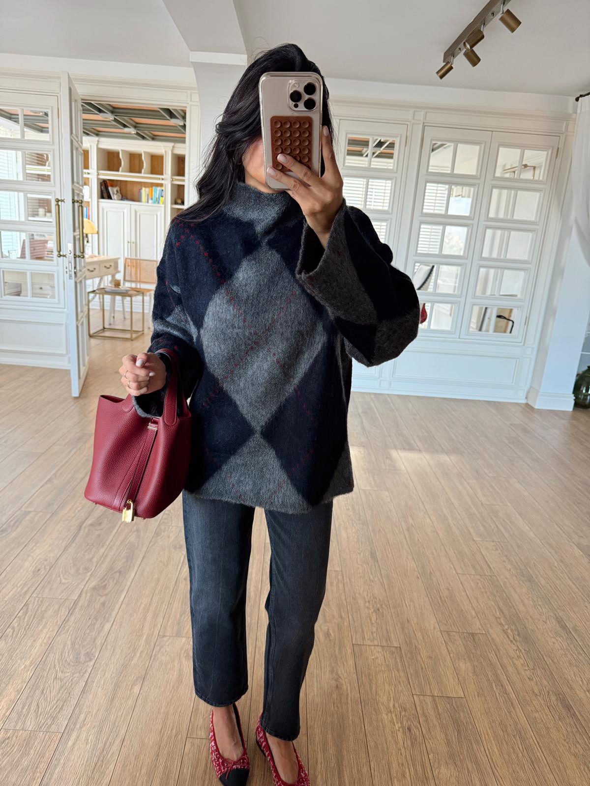 Dik Yaka Baklava Desen Triko - Gri-Siyah, Standart