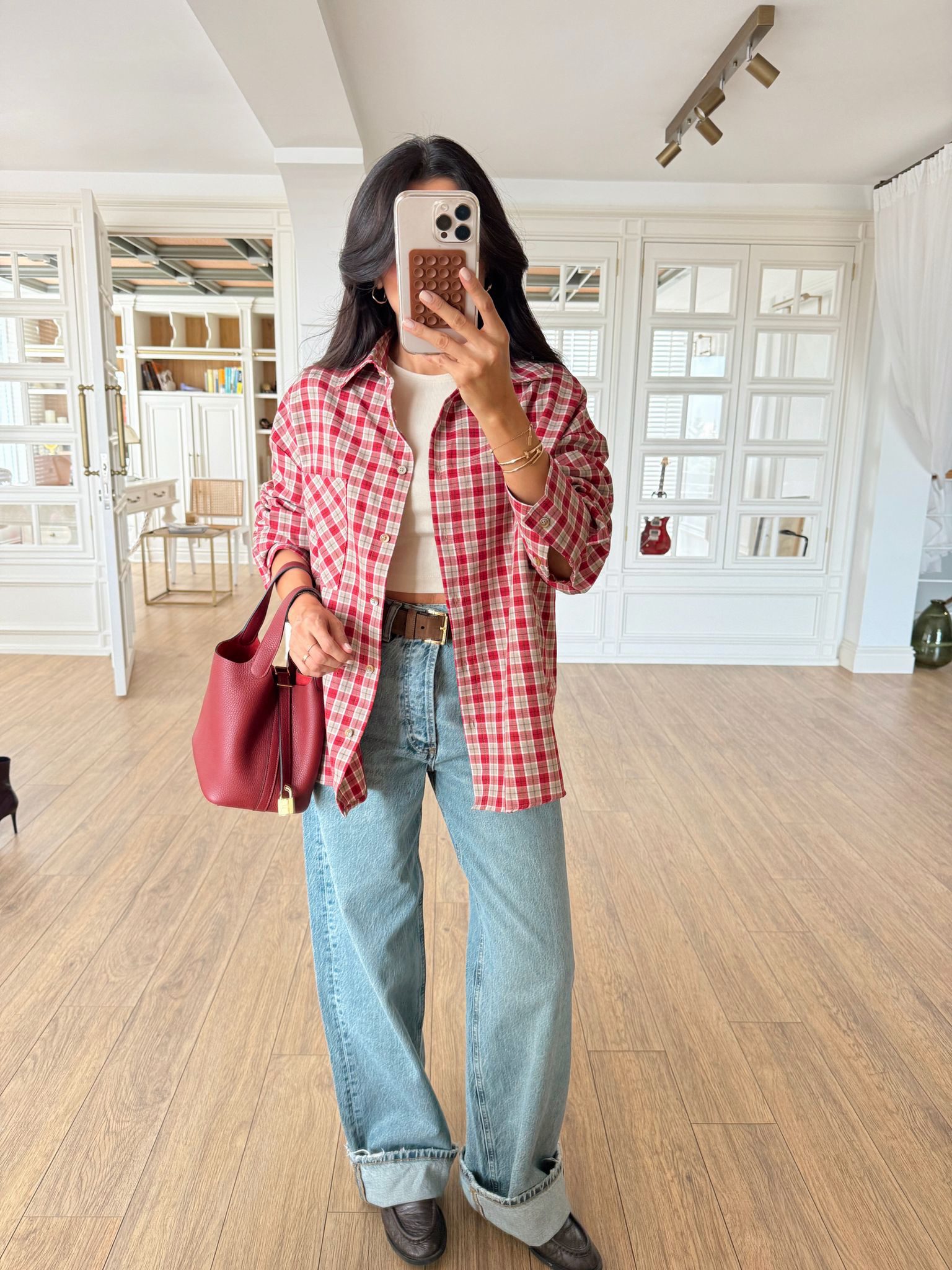 Orive New Kareli Gömlek - Kırmızı-Vizon, Standart