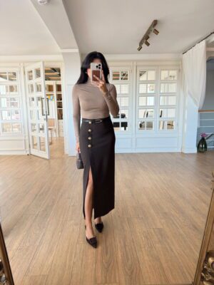 Napolina More Gold Düğmeli Yan Yırtmaçlı Kalem Etek