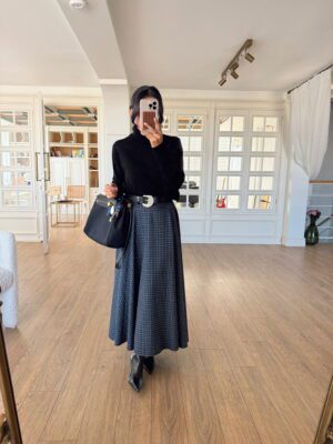 Kontiz Bel Biye Detaylı Ekoseli Midi Boy Etek