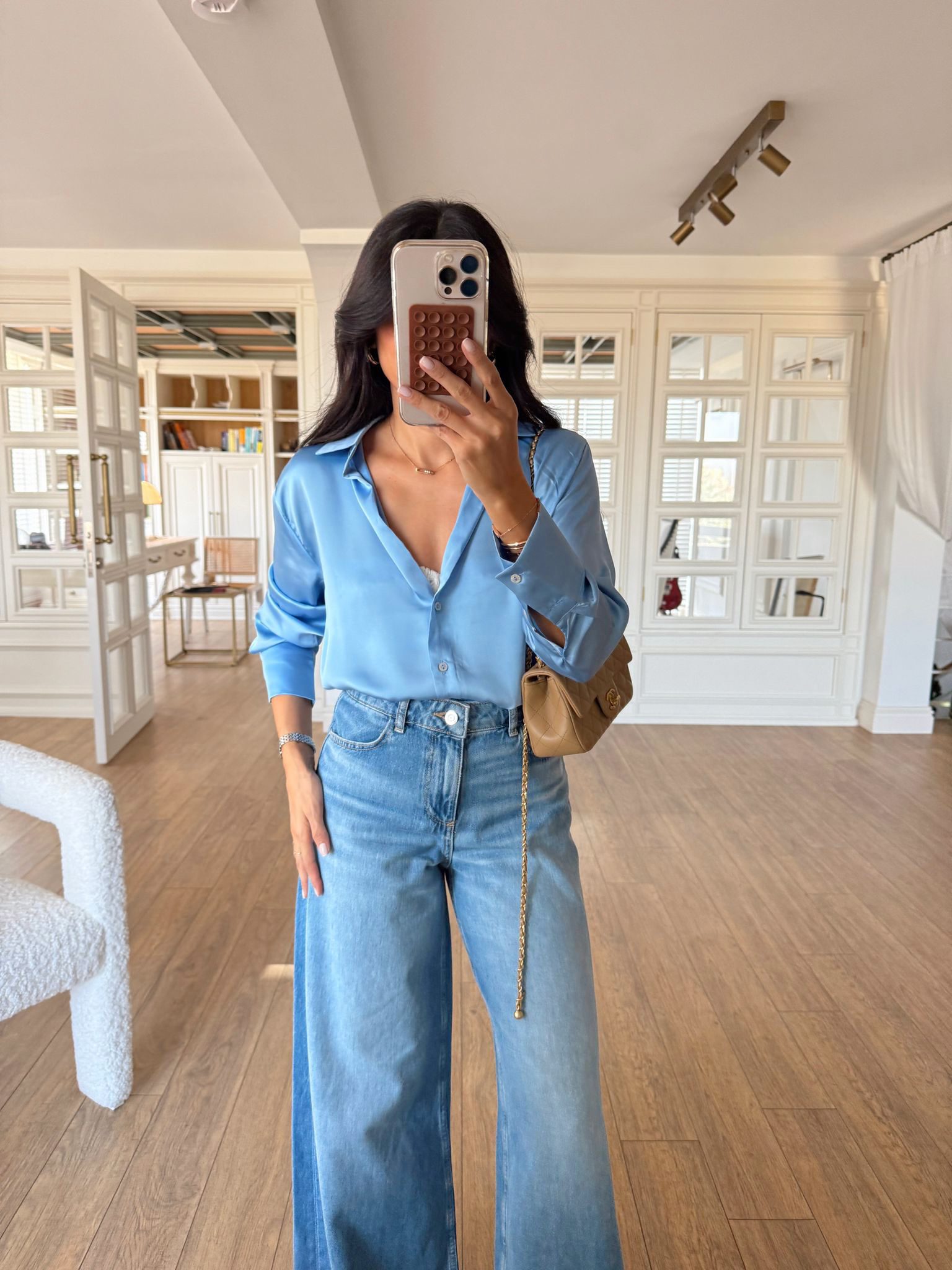 Stars Sedef Düğmeli Saten Gömlek - Mavi, 34